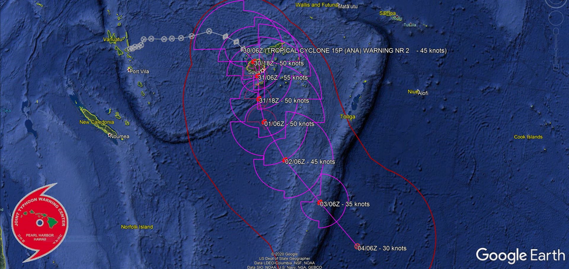 15P(ANA). WARNING 2.FORECAST TO REACH A PEAK INTENSITY OF 55 KNOTS WITHIN THE NEXT 36 HOURS AS IT  TURNS SOUTHWARD ALONG THE WESTERN PERIPHERY OF A SUBTROPICAL RIDGE  (STR) EXTENSION TO THE EAST, HOWEVER, INTERACTION WITH LAND(VITI LEVU) SHOULD  LIMIT DEVELOPMENT. AFTER 36H, TC 15P IS EXPECTED TO ACCELERATE  SOUTH-SOUTHEASTWARD TO SOUTHEASTWARD ALONG THE SOUTHWESTERN  PERIPHERY OF THE STR. THROUGH 72H, TC 15P SHOULD GRADUALLY WEAKEN  AS IT ENCOUNTERS INCREASING WIND SHEAR (30-35 KNOTS) ASSOCIATED WITH THE  SUBTROPICAL WESTERLIES AS WELL AS SLIGHTLY COOLER SEAS (26-27C). IN  THE EXTENDED PERIOD, THE SYSTEM WILL WEAKEN MORE RAPIDLY DUE TO COOL  SEAS (26-23C) AND SHOULD DISSIPATE BY 120H.