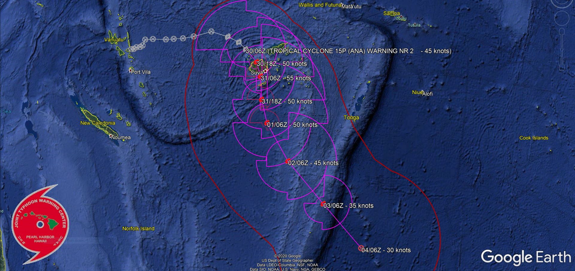 15P(ANA). WARNING 2.FORECAST TO REACH A PEAK INTENSITY OF 55 KNOTS WITHIN THE NEXT 36 HOURS AS IT  TURNS SOUTHWARD ALONG THE WESTERN PERIPHERY OF A SUBTROPICAL RIDGE  (STR) EXTENSION TO THE EAST, HOWEVER, INTERACTION WITH LAND(VITI LEVU) SHOULD  LIMIT DEVELOPMENT. AFTER 36H, TC 15P IS EXPECTED TO ACCELERATE  SOUTH-SOUTHEASTWARD TO SOUTHEASTWARD ALONG THE SOUTHWESTERN  PERIPHERY OF THE STR. THROUGH 72H, TC 15P SHOULD GRADUALLY WEAKEN  AS IT ENCOUNTERS INCREASING WIND SHEAR (30-35 KNOTS) ASSOCIATED WITH THE  SUBTROPICAL WESTERLIES AS WELL AS SLIGHTLY COOLER SEAS (26-27C). IN  THE EXTENDED PERIOD, THE SYSTEM WILL WEAKEN MORE RAPIDLY DUE TO COOL  SEAS (26-23C) AND SHOULD DISSIPATE BY 120H. 15P(ANA). WARNING 2.FORECAST TO REACH A PEAK INTENSITY OF 55 KNOTS WITHIN THE NEXT 36 HOURS AS IT  TURNS SOUTHWARD ALONG THE WESTERN PERIPHERY OF A SUBTROPICAL RIDGE  (STR) EXTENSION TO THE EAST, HOWEVER, INTERACTION WITH LAND(VITI LEVU) SHOULD  LIMIT DEVELOPMENT. AFTER 36H, TC 15P IS EXPECTED TO ACCELERATE  SOUTH-SOUTHEASTWARD TO SOUTHEASTWARD ALONG THE SOUTHWESTERN  PERIPHERY OF THE STR. THROUGH 72H, TC 15P SHOULD GRADUALLY WEAKEN  AS IT ENCOUNTERS INCREASING WIND SHEAR (30-35 KNOTS) ASSOCIATED WITH THE  SUBTROPICAL WESTERLIES AS WELL AS SLIGHTLY COOLER SEAS (26-27C). IN  THE EXTENDED PERIOD, THE SYSTEM WILL WEAKEN MORE RAPIDLY DUE TO COOL  SEAS (26-23C) AND SHOULD DISSIPATE BY 120H.
