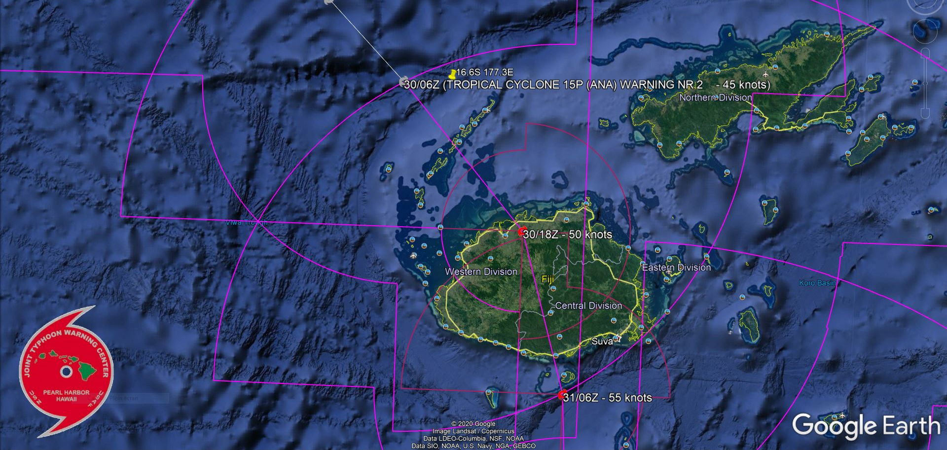 15P(ANA). FORECAST TO TRACK OVER VITI LEVU NEXT 24H WHILE INTENSIFYING. THE 30/09UTC SATELLITE POSITION IN INDICATED ON THE MAP.