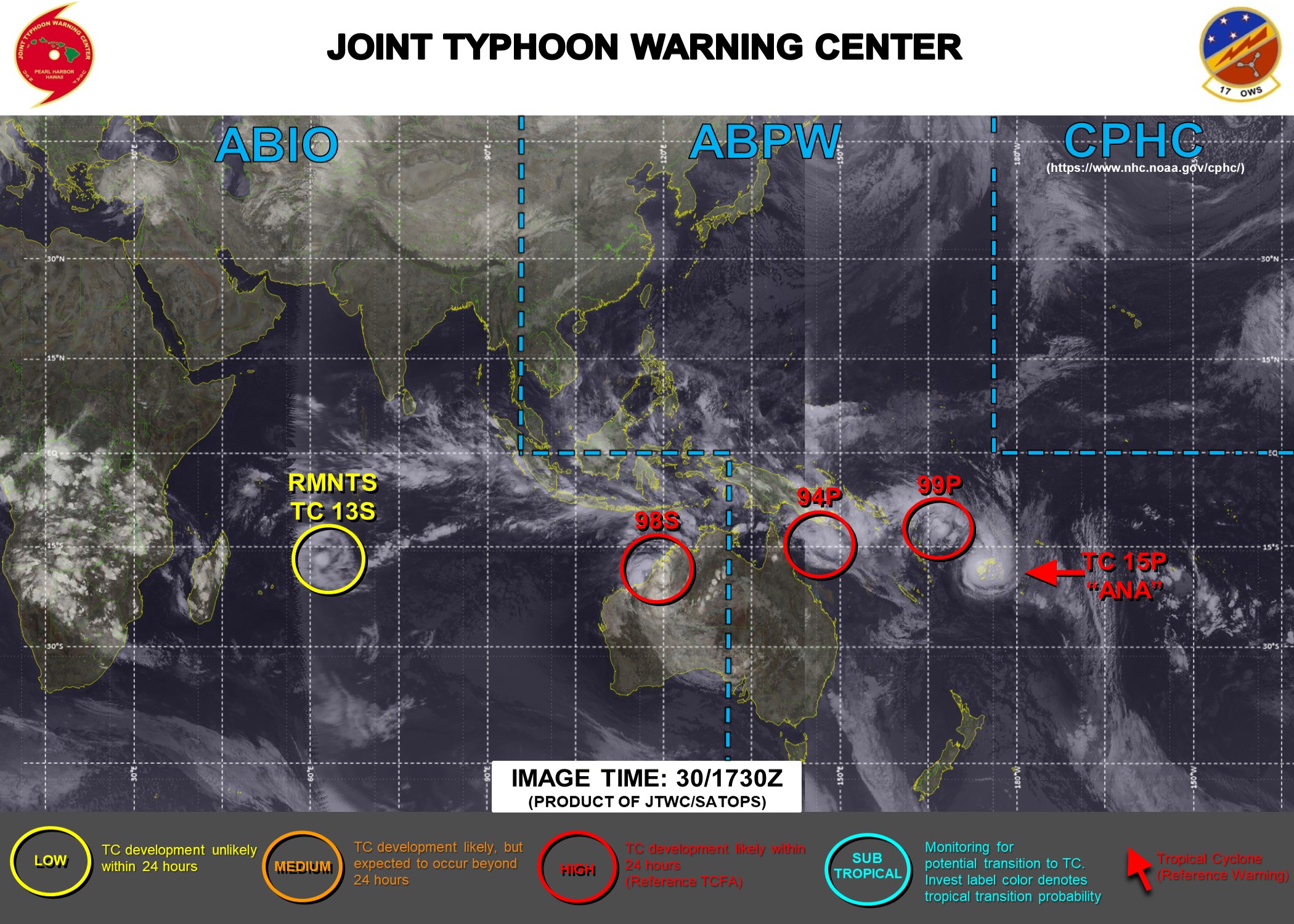 JTWC HAS BEEN ISSUING 6HOURLY WARNINGS ON 15P(ANA). 3HOURLY SATELLITE BULLETINS ARE PROVIDED FOR 15P, INVEST 94P, INVEST 99P AND INVEST 98S.
