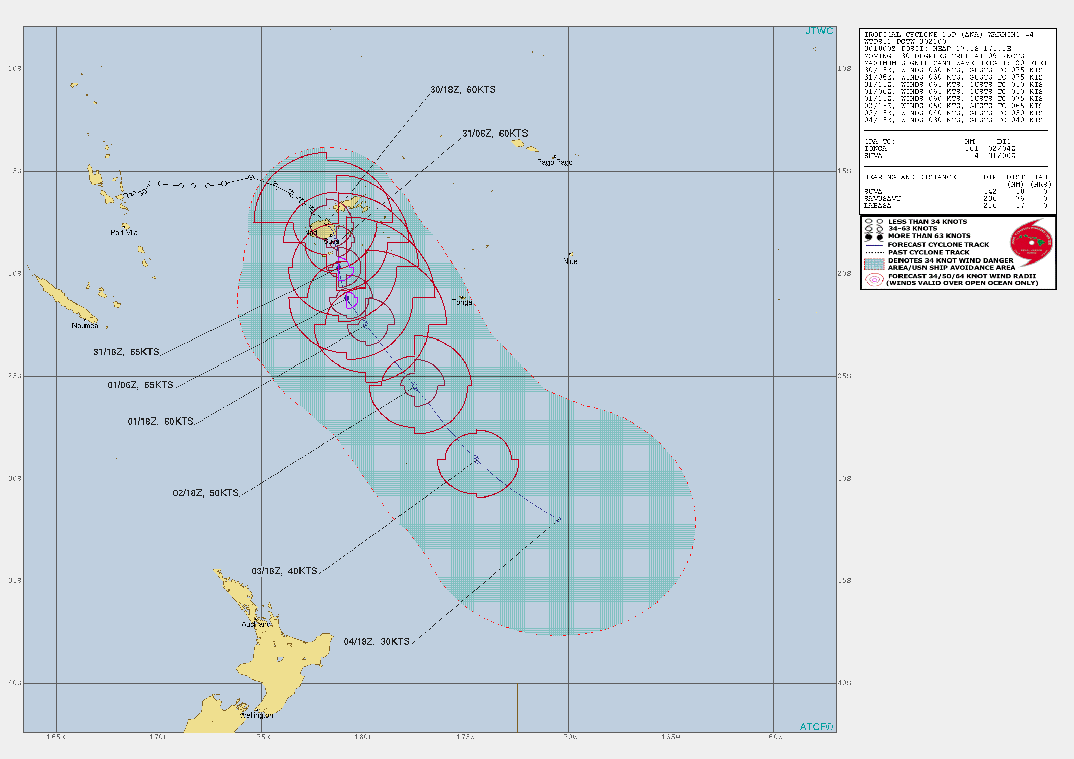 15P(ANA). WARNING 4. THE COMBINATION OF SURFACE  OBSERVATIONS FROM RAKIRAKI (91669) AND VIWA ISLAND (91670, AS WELL  AS ANIMATED RADAR DATA FROM FIJI WHICH DEPICTED A WEAK RADAR EYE,  LENT HIGH CONFIDENCE TO THE INITIAL POSITION. BASED ON THE RADAR  DATA, IT APPEARS THAT THE CENTER OF TC ANA CROSSED VERY CLOSE TO  RAKIRAKI, SO THE 1800UTC PRESSURE READING OF 978MB, WHICH CORRESPONDS  TO ABOUT 60 KNOTS, LIKELY IS A VERY CLOSE ESTIMATION OF THE ACTUAL  CENTER PRESSURE OF THE SYSTEM. UPPER-LEVEL ANALYSIS INDICATES  FAVORABLE ENVIRONMENTAL CONDITIONS WITH LOW (5-10KT) WIND SHEAR, AND STRONG  OUTFLOW BOTH EQUATORWARD AND POLEWARD PROVIDED BY A SMALL POINT  SOURCE WHICH HAS RECENTLY DEVELOPED OVER TOP OF THE SYSTEM, WHICH IS  FIGHTING OFF THE PREDOMINANT WESTERLY SHEAR. SEA SURFACE TEMPS (28-29C) ALSO  REMAIN CONDUCIVE TO FURTHER DEVELOPMENT. IN THE NEAR-TERM,  INTERACTION WITH VITU LEVU WILL LIMIT POTENTIAL INTENSIFCATION  AND THUS INTENSITY IS FORECAST TO REMAIN STEADY THROUGH 12H. ONCE  THE CENTER MOVES SOUTH OF THE MAIN ISLANDS, IT IS FORECAST TO AGAIN  INTENSIFY, PEAKING AT 65 KNOTS/US CATEGORY 1 BY 24H. AFTER THIS POINT, THE  SYSTEM IS EXPECTED TO ACCELERATE SOUTHEASTWARD ALONG THE WESTERN  PERIPHERY OF A DEEP-LAYER STR LOCATED TO THE EAST, WITH INCREASING  WIND SHEAR STEADILY, IF SLOWLY INCREASING. AFTER 48H THE SYSTEM BEGINS  TO MOVE OVER COOLER WATERS AND ENCOUNTERS HIGH (25-35 KT) WIND SHEAR  ASSOCIATED WITH STRONG MID-LATITUDE WESTERLY FLOW ALOFT. THE INTENSITY IS FORECAST TO FALL BELOW 35KNOTS AT OR BEFORE 120H.