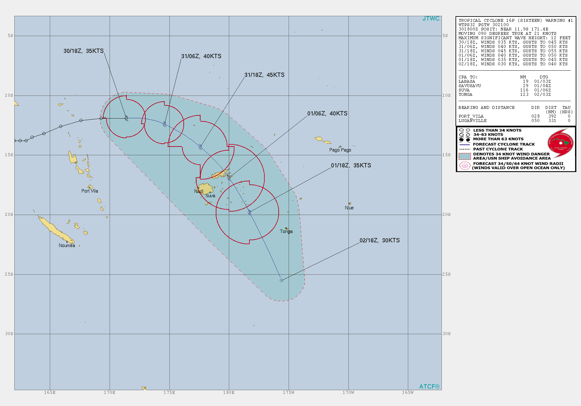 16P. WARNING 1.THE INITIAL POSITION IS ASSESSED  WITH MODERATE CONFIDENCE. THE INITIAL INTENSITY IS SET AT 35 KNOTS.16P IS TRACKING QUICKLY TOWARDS THE EAST UNDER THE  STEERING INFLUENCE OF A LOW TO MID-LEVEL NEAR EQUATORIAL RIDGE (NER)  CENTERED TO THE NORTH. OVER THE NEXT 24 TO 36 HOURS, THE SYSTEM IS  FORECAST TO TURN TOWARDS THE SOUTHEAST AS THE PRIMARY STEERING  MECHANISM SHIFTS TO THE SUBTROPICAL RIDGE (STR) CENTERED TO THE  EAST. AFTER 36H, THE SYSTEM WILL BEGIN TO INTERACT WITH AND  BECOME CAPTURED BY TC 15P SOUTH OF FIJI, ULTIMATELY BECOMING  ABSORBED BY TC 15P BY 72H. OVER THE NEXT 24 HOURS THE SYSTEM  SHOULD REMAIN IN AN AREA OF FAVORABLE CONDITIONS, ALLOWING FOR A  SHORT BURST OF INTENSIFICATION TO A PEAK OF 45 KNOTS BY 24H.  THEREAFTER THE SYSTEM WILL SLOWLY WEAKEN AS IT ENCOUNTERS INCREASING  WIND SHEAR AND CONVERGENT FLOW ALOFT EMANATING FROM THE OUTFLOW ASSOCIATED  WITH TC 15P. AS THE SYSTEM CLOSES AND MERGES WITH TC 15P, THE  COMBINATION OF THE CONVERGENT FLOW ALOFT, COOLER SEAS AND DISRUPTION  OF THE LOW-LEVEL INFLOW WILL LEAD TO DISSIPATION AS A DISTINCT  TROPICAL CYCLONE BY 72H.