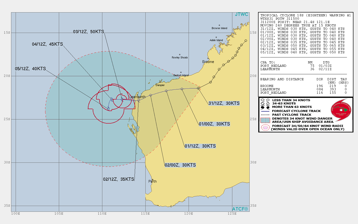 18S. WARNING 1.TC 18S IS TRACKING OVER LAND  THROUGH WESTERN AUSTRALIA, HOWEVER THE ENVIRONMENT IS  OVERALL MARGINALLY FAVORABLE WITH LOW (10-15 KTS)  VERTICAL WIND SHEAR (VWS) AND MODERATE UPPER LEVEL  OUTFLOW ALOFT. THE PRIMARY STEERING MECHANISM IS A  SUBTROPICAL RIDGE (STR) POSITIONED TO THE SOUTHWEST, IN  ADDITION TO A SECONDARY STR TO THE EAST. TC 18S IS  FORECAST TO CONTINUE TRACKING OVER WESTERN AUSTRALIA AND  INTENSIFY ONLY MINIMALLY TO 35 KNOTS BY 48H, AT  WHICH POINT IT WILL BE APPROXIMATELY 75 KM SOUTH OF  LEARMONTH, AUSTRALIA. THEREAFTER, THE SYSTEM WILL ENTER  THE WARM WATERS OF THE SOUTH INDIAN OCEAN. WARM (27-28  CELSIUS) SEA SURFACE TEMPERATURES, COUPLED WITH CONTINUED  LOW VWS AND MODERATE UPPER LEVEL SUPPORT, WILL LEAD TO  GRADUAL INTENSIFICATION TO A PEAK INTENSITY OF 50 KNOTS BY  72H.THEREAFTER, MODERATE (20-25 KTS) VWS AND COOLER  SEAS WILL LEAD TO A GRADUAL WEAKENING TREND WITH TC 18S  TRACKING SOUTHWARD AFTER 96H ALONG THE WESTERN  PERIPHERY OF THE STEERING STR TO THE EAST.