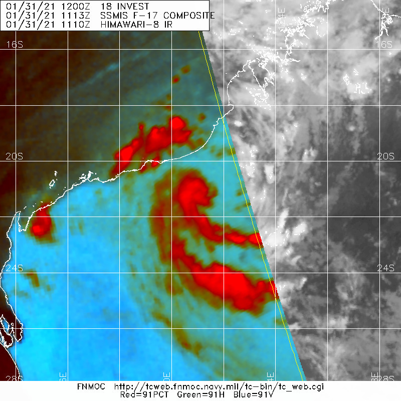 18S. 31/1113UTC.SATELLITE  IMAGERY DEPICTS SPIRAL BANDS OF CONVECTION WRAPPING INTO A WELL DEFINED MID-LEVEL CIRCULATION CENTER TRACKING OVER WESTERN AUSTRALIA.