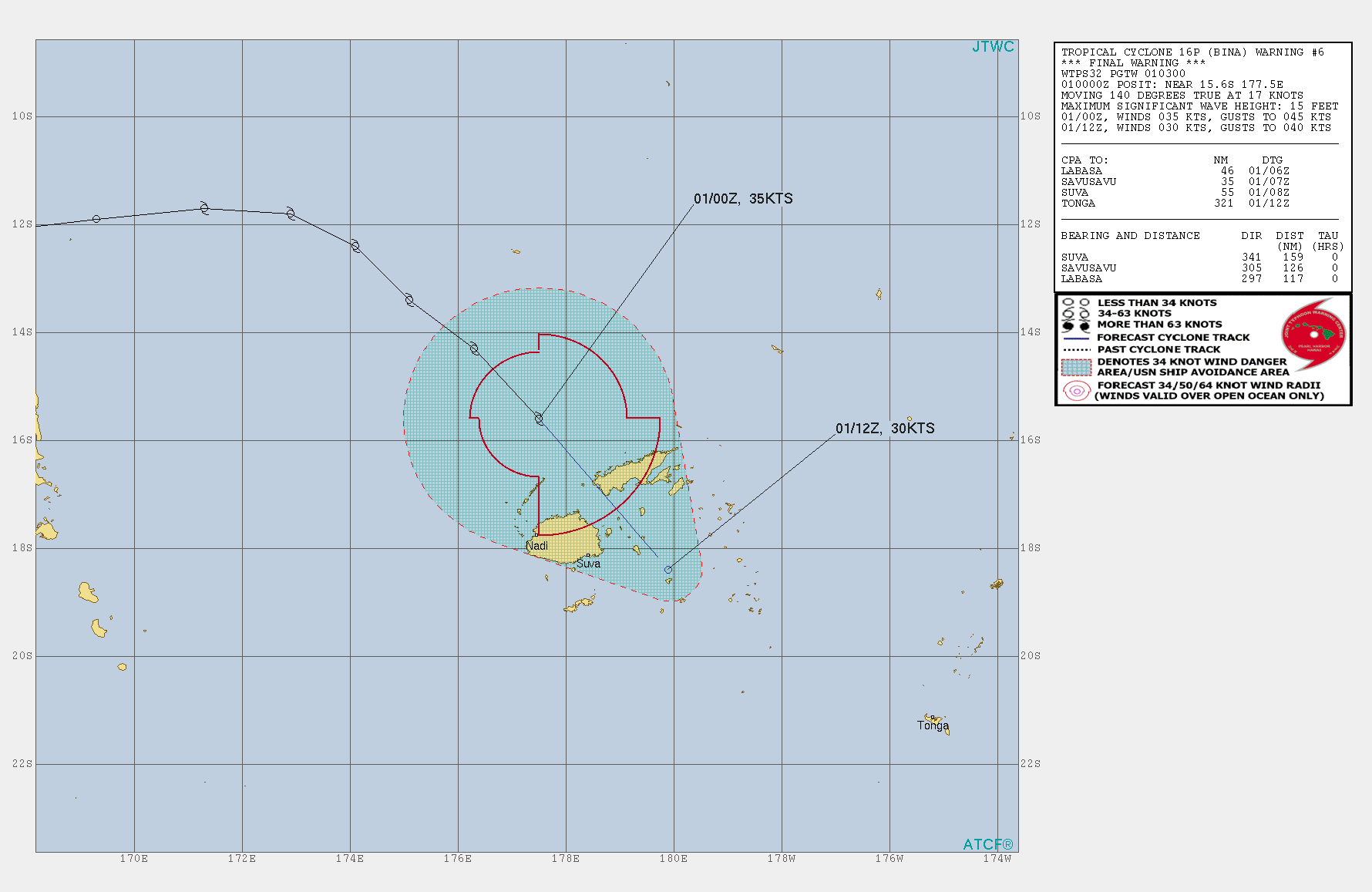 16P(BINA). WARNING 6.FINAL. PEAK INTENSITY WAS 45KNOTS.