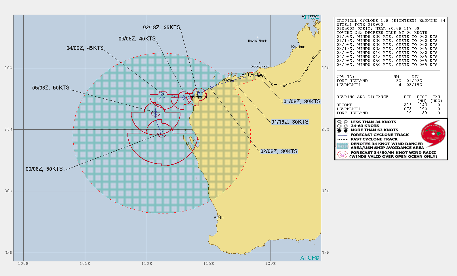 18S. WARNING 4.TC 18S SHOULD SLOW SIGNIFICANTLY UNTIL A  BROAD TROUGH FORMS WEST OF AUSTRALIA, WHICH SHOULD DRIVE THE SYSTEM  SLOWLY SOUTHWARD AFTER 72H.TC 18S IS EXPECTED TO MAINTAIN INTENSITY WHILE IT  TRACKS OVER LAND ALONG THE COAST BUT WILL INTENSIFY TO 35 KNOTS AS  IT APPROACHES THE EXMOUTH PENINSULA AND LEARMONTH SOLAR OBSERVATORY.  AFTER 48H, THE SYSTEM SHOULD GRADUALLY INTENSIFY TO A PEAK  INTENSITY OF 50 KNOTS BY 96H WITH FAVORABLE ENVIRONMENTAL  CONDITIONS AND WARM SEAS.