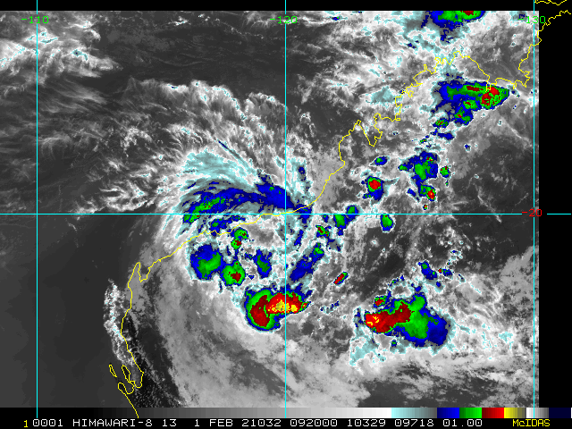 18S. 01/0920UTC.ANIMATED  MULTISPECTRAL SATELLITE IMAGERY DEPICTS LOW-LEVEL CLOUD LINES  WRAPPING INTO A WELL-DEFINED, EXPOSED LOW-LEVEL CIRCULATION CENTER.  ANIMATED RADAR IMAGERY FROM THE PORT HEDLAND RADAR INDICATES A WELL- ORGANIZED SYSTEM WITH MULTIPLE CONVECTIVE BANDS WRAPPING INTO THE  WELL-DEFINED CENTER. THUS, THERE IS HIGH CONFIDENCE IN THE INITIAL  POSITION AND RECENT TRACK MOTION. A 010619Z PARTIAL AMSR2 89GHZ  MICROWAVE IMAGE INDICATES FORMATIVE DEEP CONVECTIVE BANDING WRAPPING  AROUND THE PERIPHERY.