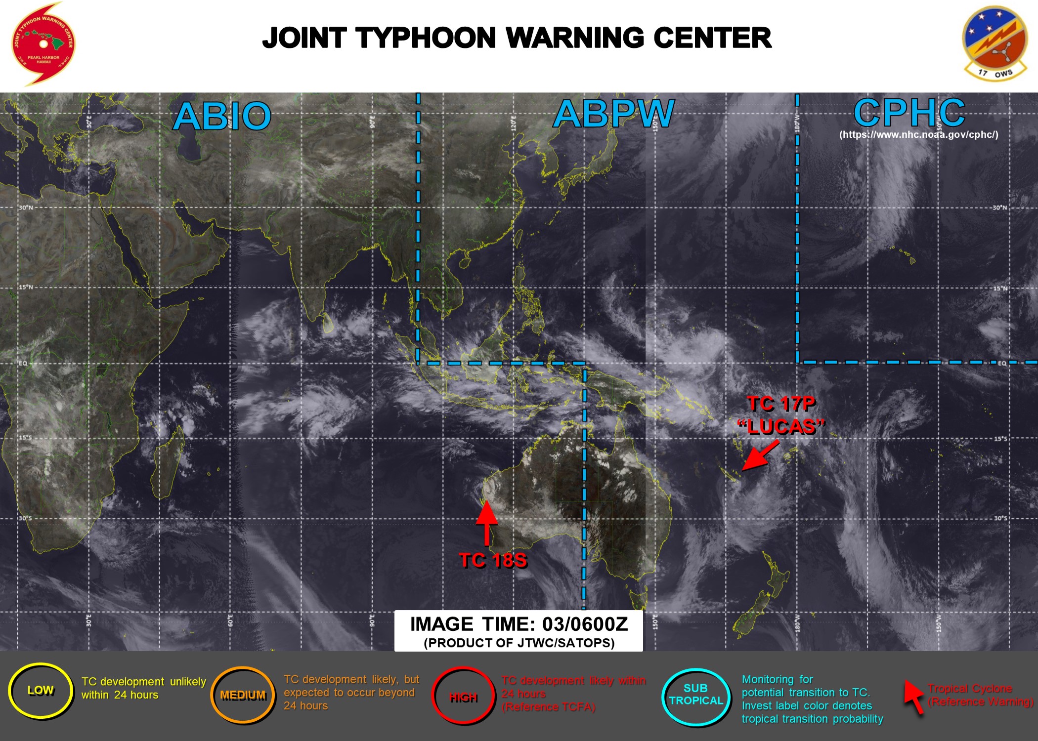 03/06UTC. JTWC IS ISSUING 6HOURLY WARNINGS ON 18S. WARNING 13/FINAL WAS ISSUED AT 03/03UTC ON 17P(LUCAS). 3 HOURLY SATELLITE BULLETINS ARE PROVIDED FOR 18S AND 17P WHEREAS THEY WERE DISCONTINUED FOR 15P(ANA) AT 02/18UTC.