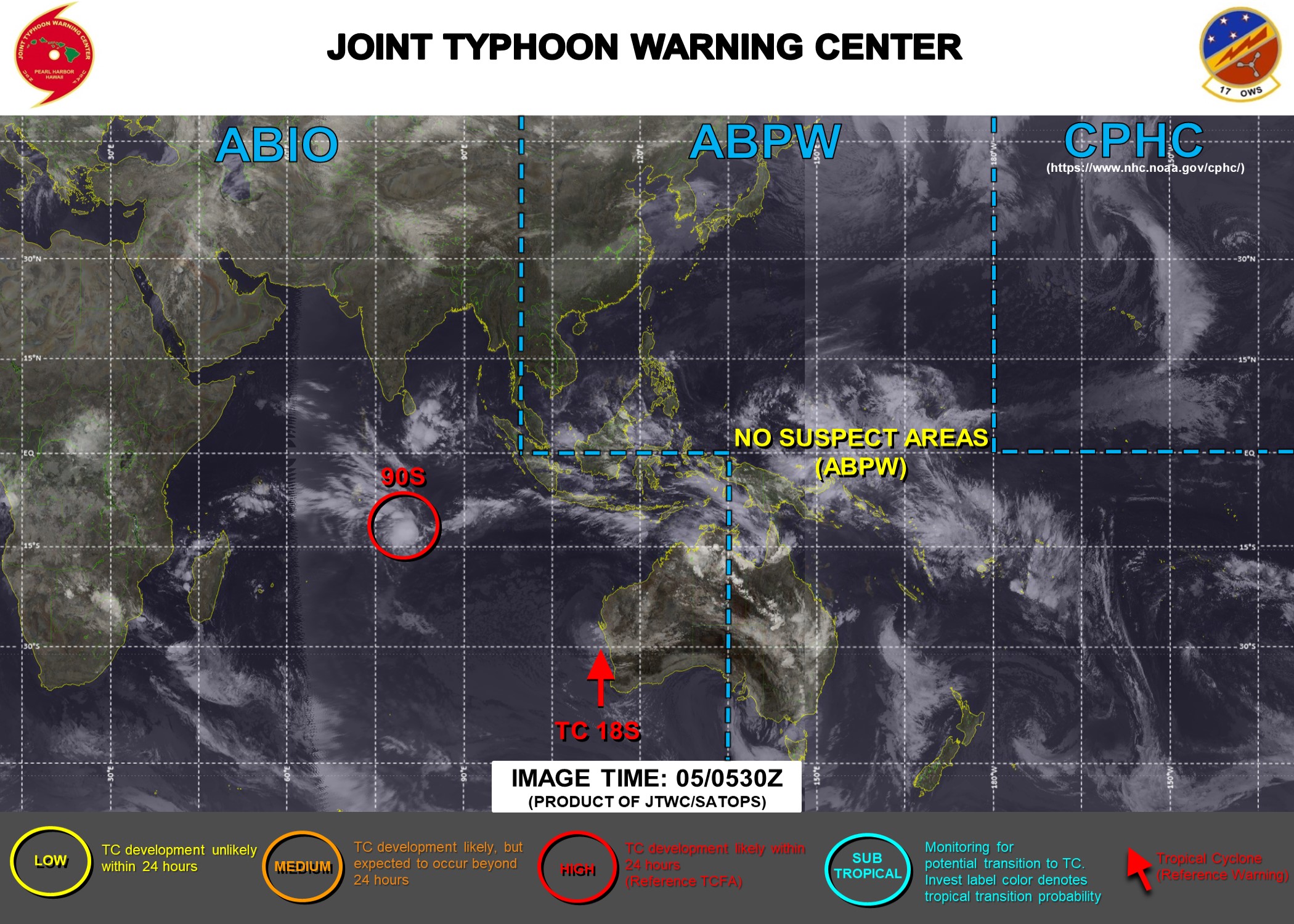 JTWC ISSUED FINAL WARNING ON 18S(NONAME) AT 05/03UTC. A TCFA IS ISSUED AT 05/06UTC FOR INVEST 90S. 3HOURLY SATELLITE BULLETINS ARE PROVIDED FOR BOTH SYSTEMS. JTWC ISSUED FINAL WARNING ON 18S(NONAME) AT 05/03UTC. A TCFA IS ISSUED AT 05/06UTC FOR INVEST 90S. 3HOURLY SATELLITE BULLETINS ARE PROVIDED FOR BOTH SYSTEMS.