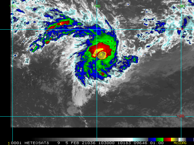 05/1030UTC. ANIMATED MULTISPECTRAL SATELLITE IMAGERY DEPICTS A RAPIDLY-CONSOLIDATING, COMPACT SYSTEM WITH DEEP CONVECTIVE BANDING WRAPPING TIGHTLY INTO THE LOW-LEVEL CIRCULATION CENTER (LLCC).