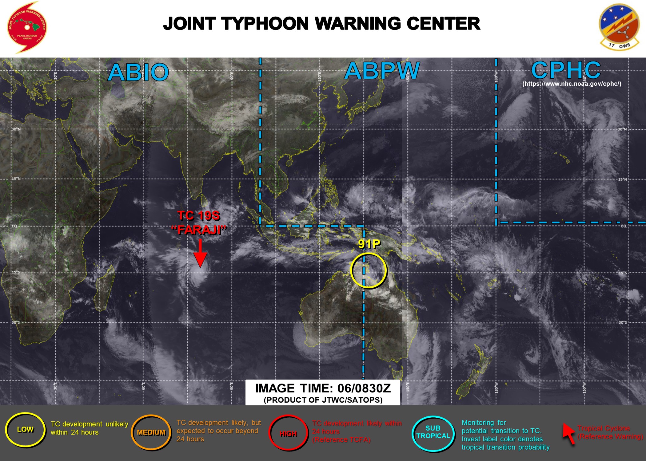 06/0830UTC. JTWC IS ISSUING 12HOURLY WARNINGS ON 19S(FARAJI). 3HOURLY SATELLITE BULLETINS ARE PROVIDED FOR 19S AND 18S.