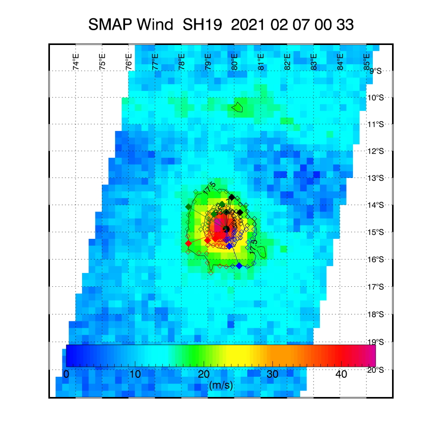 19S(FARAJI). 07/0033UTC. SMAP(NASA) READ 10MINUTE SUSTAINED WINDS OF 88KNOTS. IT MACHED PERFECTLY WELL WITH THE REAL-TIME JTWC INTENSITY ESTIMATE OF 100KNOTS(1 MINUTE AVERAGE).