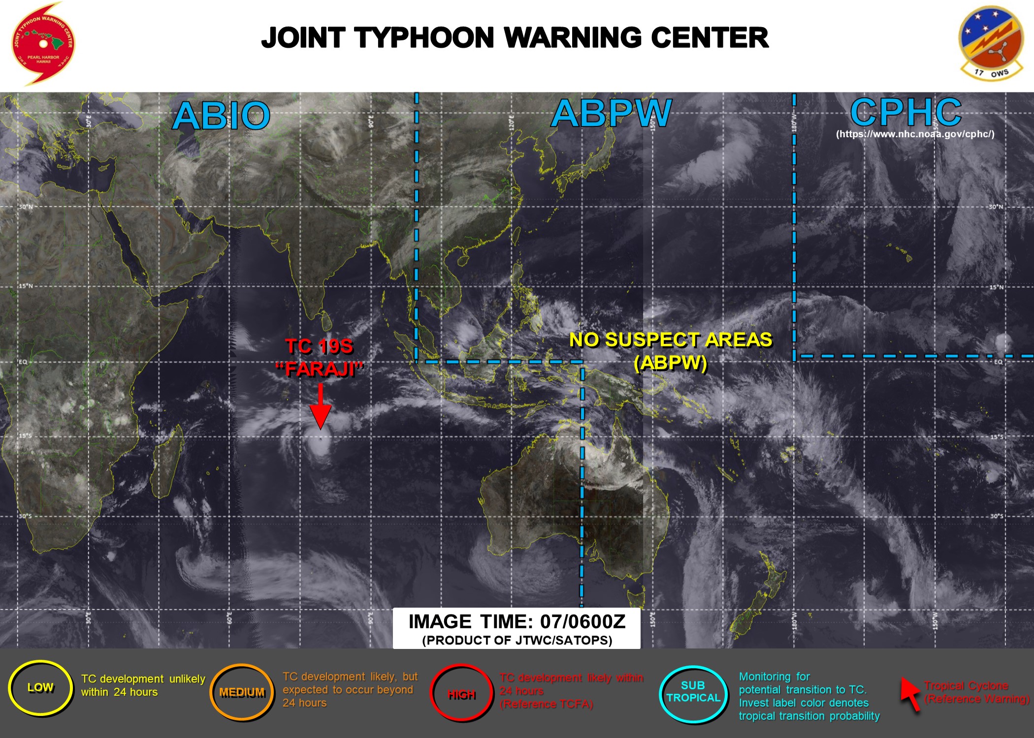 07/06UTC. JTWC IS ISSUING 12HOURLY WARNINGS ON TC 19S(FARAJI). 3 HOURLY SATELLITE BULLETINS ARE PROVIDED FOR 19S WHEREAS THEY WERE DISCONTINUED FOR INVEST 91P AT 07/0230UTC.