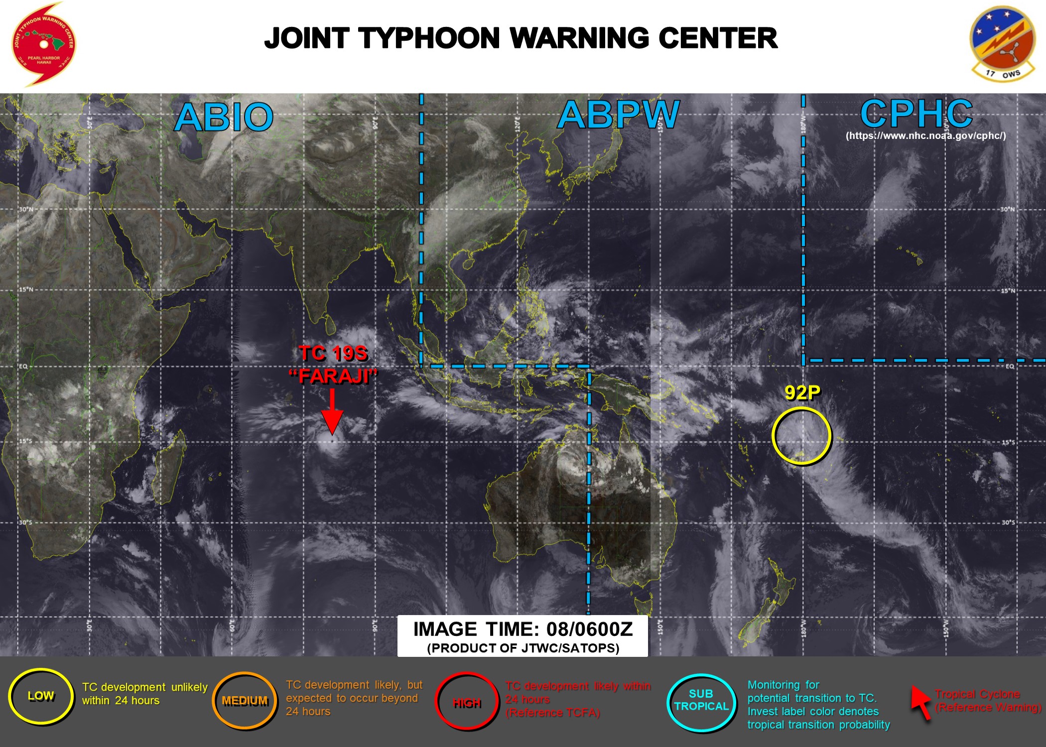 08/06UTC. JTWC IS ISSUING 12HOURLY WARNINGS ON TC 19S(FARAJI). 3HOURLY SATELLITE BULLETINS ARE PROVIDED FOR 19S. INVEST 92P REMAINS UNDER WATCH.