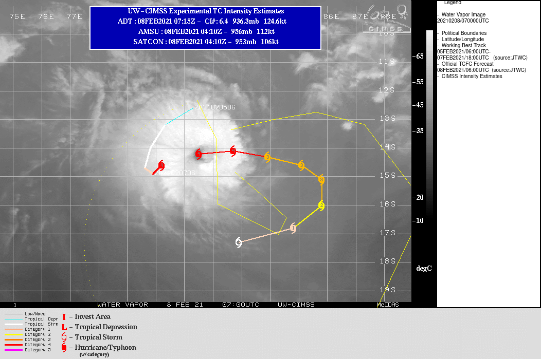 19S(FARAJI). WARNING 7 ISSUED AT 08/09UTC.TC FARAJI IS TRACKING ALONG THE SOUTHERN PERIPHERY OF A NEAR EQUATORIAL RIDGE (NER) POSITIONED TO THE NORTH AND THROUGH A  FAVORABLE ENVIRONMENT CHARACTERIZED BY LOW (5-10 KTS) VERTICAL  WIND SHEAR AND WARM (28-29 CELSIUS) SEA SURFACE TEMPERATURE (SST) THAT IS OFFSET BY REDUCED OUTFLOW ALOFT. THIS LOSS OF  PREVIOUSLY ROBUST POLEWARD AND EQUATORWARD OUTFLOW, COUPLED WITH THE UPWELLING OF COOLER WATER DUE TO THE PREVIOUSLY QUASI- STATIONARY (QS) TRACK MOTION, WILL PREVENT TC FARAJI FROM FURTHER INTENSIFYING, HOWEVER THE ANNULAR CONVECTIVE STRUCTURE WILL ALLOW FOR ONLY MODERATE WEAKENING IN THE NEAR TERM TO 100 KNOTS/CATEGORY 3 BY 48H. THE SYSTEM WILL CONTINUE TO TRACK EASTWARD UNDER THE STEERING  INFLUENCE OF THE NER UNTIL 48H AT WHICH POINT A BUILDING  SUBTROPICAL RIDGE (STR) POSITIONED TO THE SOUTHEAST WILL BEGIN TO  TAKE OVER AS THE PRIMARY STEERING MECHANISM. AS THIS RIDGE  CONTINUES TO BUILD IT WILL BEGIN TO DRIVE TC FARAJI INITIALLY  SOUTHWARD FROM 48H TO 72H, SOUTHWESTWARD FROM 72H TO 96H AND THEN WESTWARD THROUGH THE REMAINDER OF THE FORECAST PERIOD. STEADY WEAKENING WILL OCCUR DURING THIS PERIOD AS A RESULT OF  CONTINUAL MODERATE WIND SHEAR AFTER 48H, COUPLED WITH CONVERGENT FLOW  ALOFT AND POSSIBLY ENTRAINMENT OF COOL DRY AIR FROM THE EAST. BY  120H, THESE CONDITIONS WILL WEAKEN THE SYSTEM TO 45 KNOTS.