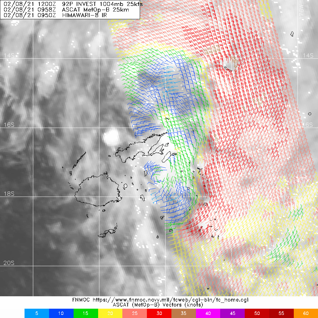 INVEST 92P. 080958UTC ASCAT-B PASS REVEALS THAT THE LOW LEVEL CIRCULATION IS ELONGATED ALONG THE NORTH-SOUTH AXIS AND CONTAINS 30-35 KNOTS WINDS IN THE CONVERGENT FLOW ALONG THE EASTERN PERIPHERY, ALTHOUGH THE WINDS NEAR THE CENTER OF THE  ELONGATED CIRCULATION REMAIN RELATIVELY WEAK (10-15 KNOTS). INVEST 92P. 080958UTC ASCAT-B PASS REVEALS THAT THE LOW LEVEL CIRCULATION IS ELONGATED ALONG THE NORTH-SOUTH AXIS AND CONTAINS 30-35 KNOTS WINDS IN THE CONVERGENT FLOW ALONG THE EASTERN PERIPHERY, ALTHOUGH THE WINDS NEAR THE CENTER OF THE  ELONGATED CIRCULATION REMAIN RELATIVELY WEAK (10-15 KNOTS).