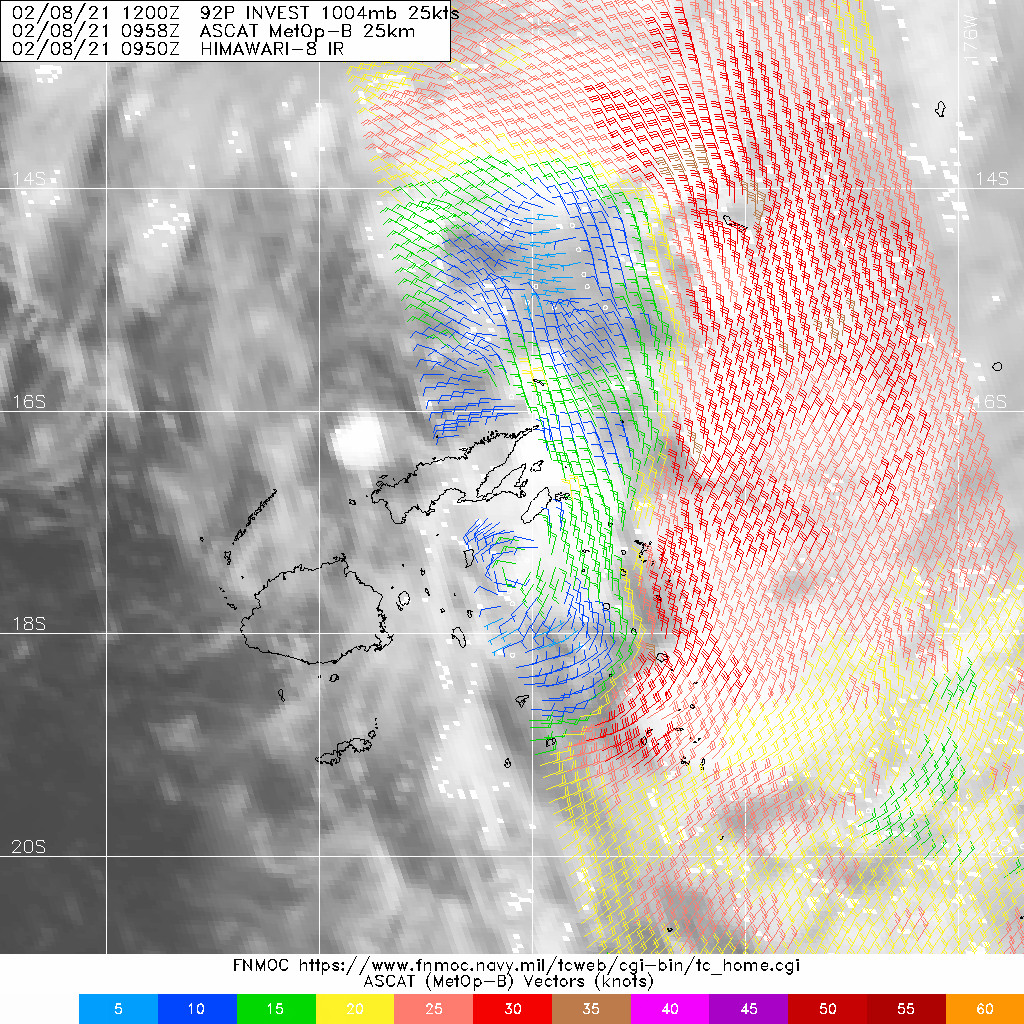 INVEST 92P. 080958UTC ASCAT-B PASS REVEALS THAT THE LOW LEVEL CIRCULATION IS ELONGATED ALONG THE NORTH-SOUTH AXIS AND CONTAINS 30-35 KNOTS WINDS IN THE CONVERGENT FLOW ALONG THE EASTERN PERIPHERY, ALTHOUGH THE WINDS NEAR THE CENTER OF THE  ELONGATED CIRCULATION REMAIN RELATIVELY WEAK (10-15 KNOTS).