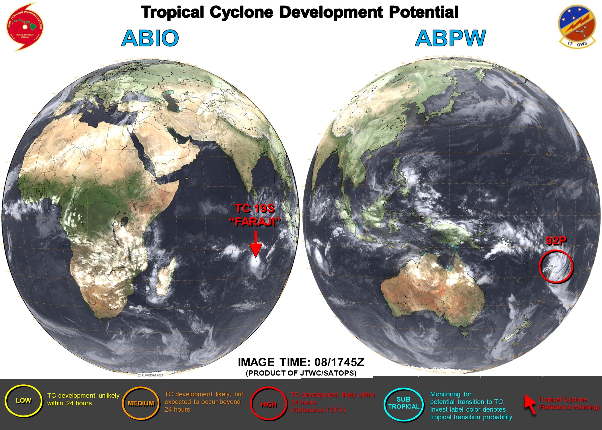 08/18UTC. JTWC IS ISSUING 12HOURLY WARNINGS ON TC 19S(FARAJI). INVEST 92P IS UP-GRADED TO HIGH. 3HOURLY SATELLITE BULLETINS ARE PROVIDED FOR 19S AND 92P. 08/18UTC. JTWC IS ISSUING 12HOURLY WARNINGS ON TC 19S(FARAJI). INVEST 92P IS UP-GRADED TO HIGH. 3HOURLY SATELLITE BULLETINS ARE PROVIDED FOR 19S AND 92P.