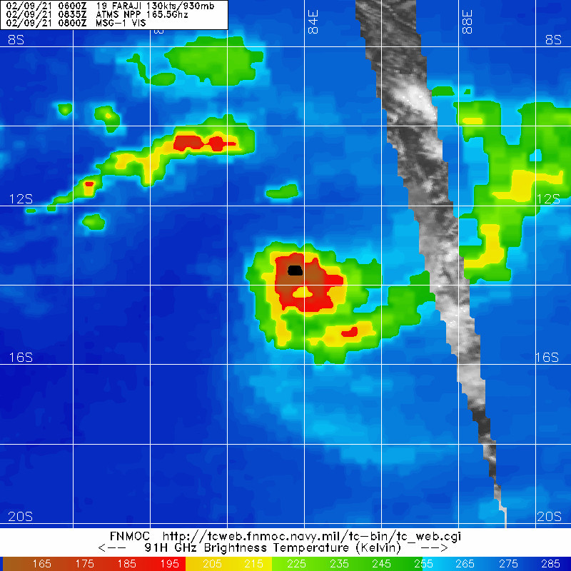 19S(FARAJI). 09/0835UTC. MICROWAVE DEPICTS THE EYE FEATURE NOW CLOUD-FILLED. THE SYSTEM HAS BEGUN TO WEAKEN.