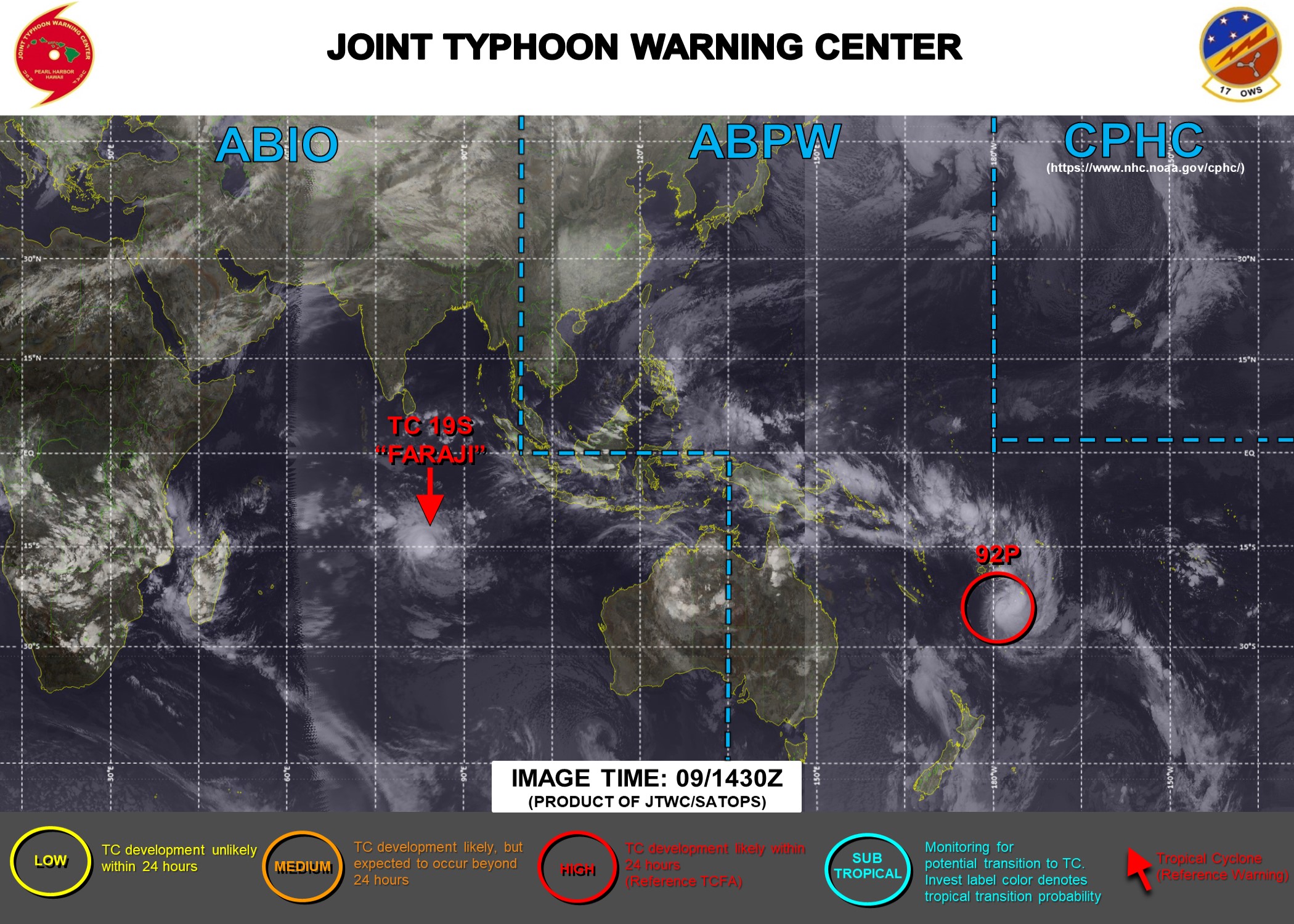 09/02 1730UTC. JTWC HAS BEEN ISSUING 12HOURLY WARNINGS ON 19S(FARAJI). INVEST 92P IS STILL HIGH. 3HOURLY SATELLITE BULLETINS ARE PROVIDED FOR BOTH 19S AND 92P.