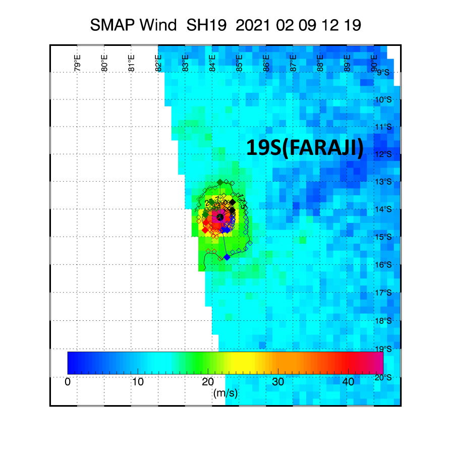 19S(FARAJI). 09/1219UTC. SMAP(NASA) READ 10MINUTES 96KNOTS WINDS.