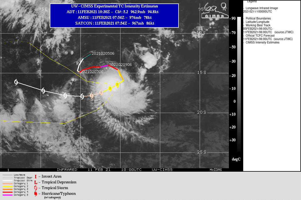 19S(FARAJI). WARNING 13 ISSUED AT 11/09UTC.TC FARAJI IS TRACKING ALONG THE NORTHWESTERN PERIPHERY OF A BUILDING SUBTROPICAL RIDGE (STR) POSITIONED TO THE  SOUTHWEST AND THROUGH A MARGINAL ENVIRONMENT CHARACTERIZED BY WARM (27-28 CELSIUS) SEA SURFACE TEMPERATURES AND ROBUST POLEWARD OUTFLOW OFFSET BY MODERATE (15-20 KTS) VERTICAL WIND SHEAR  AND CONVERGENT FLOW ALONG THE NORTHWESTERN PERIPHERY OF THE SYSTEM. AS THE STEERING STR CONTINUES TO BUILD IT WILL REPOSITION FARTHER WEST AND BEGIN TO DRIVE TC FARAJI GENERALLY WESTWARD AFTER 36H. MODERATE WIND SHEAR COUPLED WITH PERIODS OF CONVERGENT FLOW ALOFT WILL  WEAKEN THE SYSTEM TO 45 KNOTS BY 72H. THEREAFTER, THE STEERING STR WILL REPOSITION AND BEGIN TO STEER THE SYSTEM WEST-NORTHWESTWARD.  LOW (5-10 KTS) WIND SHEAR AND CONTINUED WARM (28-39 CELSIUS) SEAS AFTER  72H WILL LEAD TO GRADUAL INTENSIFICATION TO 55 KNOTS BY 120H.