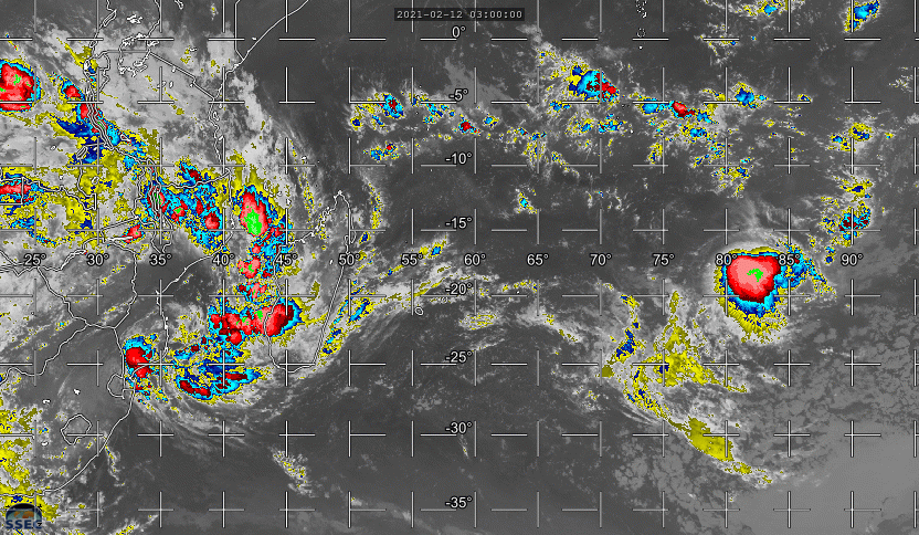 19S(FARAJI) & INVEST 93S. ON THE RIGHT END OF THE IMAGERY 19S IS RAPIDLY WEAKENING. ON THE LEFT END 93S IS A SUBTROPICAL SYSTEM WHOSE CENTER IS CLOSE TO THE COASTLINE OF MOZAMBIQUE. THE SYSTEMS CIRCULATION IS BRINGING POTENTIAL HEAVY RAIN SOUTH OF THE COMOROS, OVER WESTERN MADAGASCAR AND OVER PARTS OF MOZAMBIQUE. CLICK TO ANIMATE IF NEEDED.