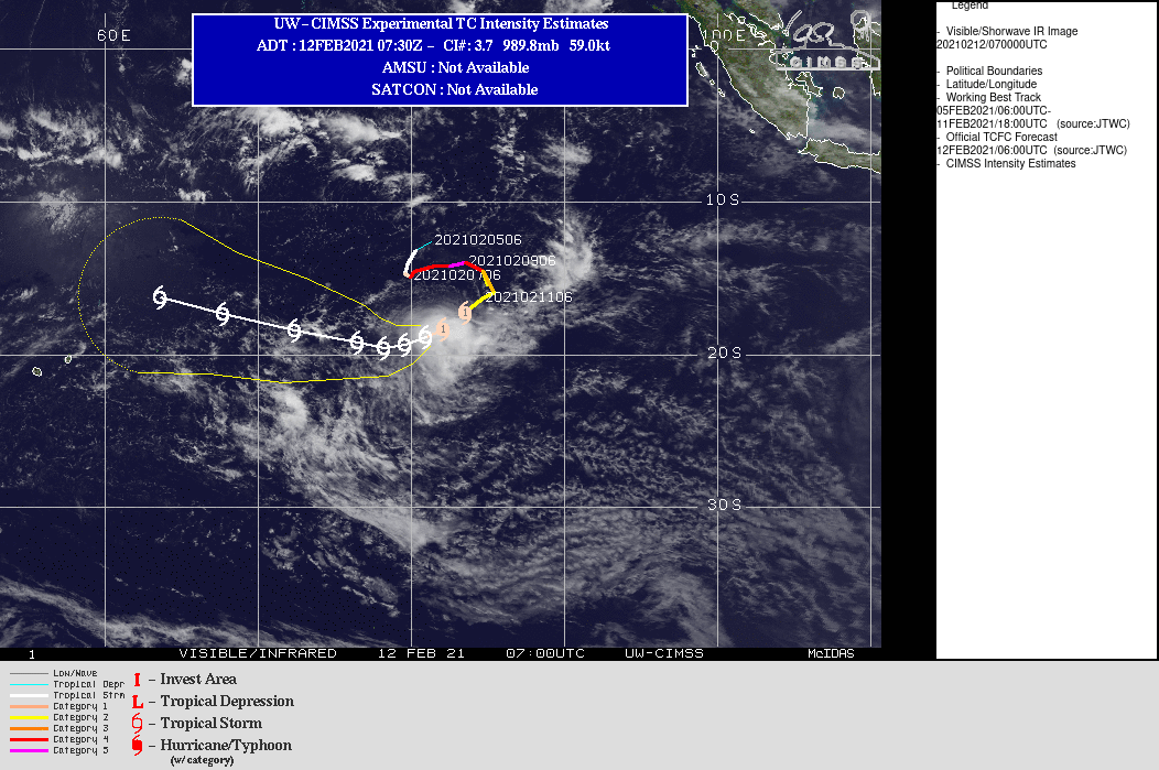 19S(FARAJI). WARNING 15 ISSUED AT 12/09UTC.TC 19S(FARAJI) IS TRACKING ALONG THE NORTHWESTERN PERIPHERY OF A  SUBTROPICAL RIDGE (STR) POSITIONED TO THE SOUTHEAST AND THROUGH A MARGINALLY UNFAVORABLE ENVIRONMENT  CHARACTERIZED BY WARM (27-28 CELSIUS) SEA SURFACE TEMPERATURES (SST) AND ROBUST POLEWARD OUTFLOW ALOFT OFFSET BY HIGH (20-25 KTS) VERTICAL WIND SHEAR AND  CONVERGENT UPPER LEVEL FLOW ALONG THE NORTHWESTERN  PERIPHERY OF THE SYSTEM. TC FARAJI WILL CONTINUE TO  WEAKEN TO 45 KNOTS THROUGH 36H AS IT TRACKS WEST- SOUTHWESTWARD UNDER THE STEERING INFLUENCE OF THE STR. THEREAFTER THE PRIMARY STEERING MECHANISM WILL SHIFT  TO A DEEP LAYER STR POSITIONED TO THE SOUTH THAT WILL DRIVE THE SYSTEM GENERALLY WEST-NORTHWESTWARD THROUGH THE REMAINDER OF THE FORECAST PERIOD.A BRIEF PERIOD OF INTENSIFICATION IS FORECAST AFTER 96H AS THE UPPER LEVEL OUTFLOW IMPROVES AND WIND SHEAR  DECREASES, LEADING TO AN INTENSITY OF 45 KNOTS BY 120H. 19S(FARAJI). WARNING 15 ISSUED AT 12/09UTC.TC 19S(FARAJI) IS TRACKING ALONG THE NORTHWESTERN PERIPHERY OF A  SUBTROPICAL RIDGE (STR) POSITIONED TO THE SOUTHEAST AND THROUGH A MARGINALLY UNFAVORABLE ENVIRONMENT  CHARACTERIZED BY WARM (27-28 CELSIUS) SEA SURFACE TEMPERATURES (SST) AND ROBUST POLEWARD OUTFLOW ALOFT OFFSET BY HIGH (20-25 KTS) VERTICAL WIND SHEAR AND  CONVERGENT UPPER LEVEL FLOW ALONG THE NORTHWESTERN  PERIPHERY OF THE SYSTEM. TC FARAJI WILL CONTINUE TO  WEAKEN TO 45 KNOTS THROUGH 36H AS IT TRACKS WEST- SOUTHWESTWARD UNDER THE STEERING INFLUENCE OF THE STR. THEREAFTER THE PRIMARY STEERING MECHANISM WILL SHIFT  TO A DEEP LAYER STR POSITIONED TO THE SOUTH THAT WILL DRIVE THE SYSTEM GENERALLY WEST-NORTHWESTWARD THROUGH THE REMAINDER OF THE FORECAST PERIOD.A BRIEF PERIOD OF INTENSIFICATION IS FORECAST AFTER 96H AS THE UPPER LEVEL OUTFLOW IMPROVES AND WIND SHEAR  DECREASES, LEADING TO AN INTENSITY OF 45 KNOTS BY 120H.