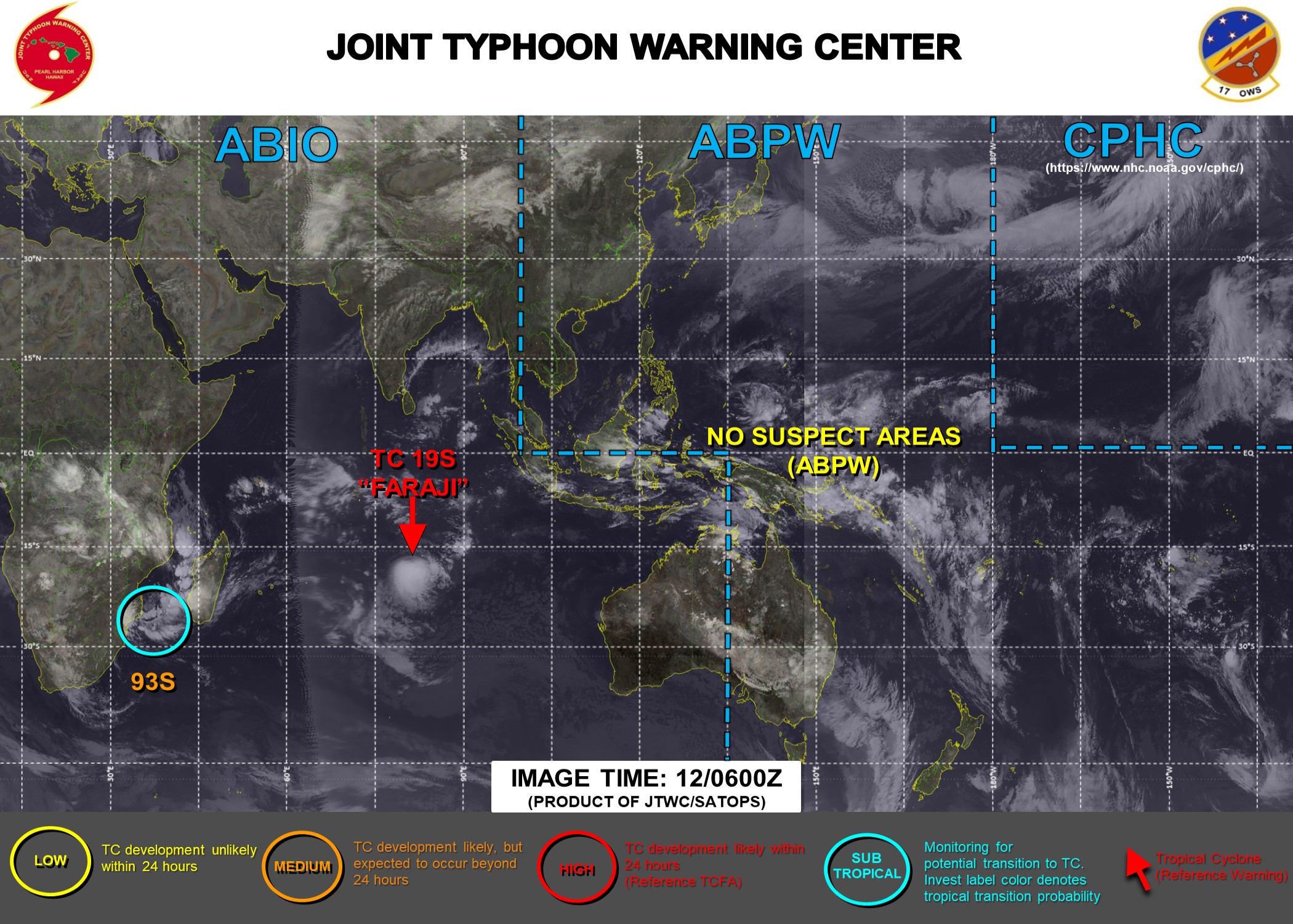 12/06UTC. JTWC IS ISSUING 12HOURLY WARNINGS ON 19S(FARAJI). 3HOURLY SATELLITE BULLETINS ARE ISSUED FOR 19S AND FOR INVEST 93S. 12/06UTC. JTWC IS ISSUING 12HOURLY WARNINGS ON 19S(FARAJI). 3HOURLY SATELLITE BULLETINS ARE ISSUED FOR 19S AND FOR INVEST 93S.