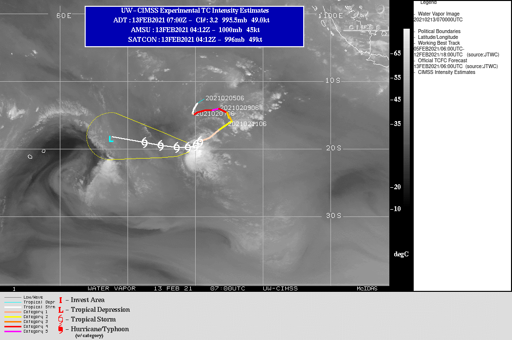19S(FARAJI). WARNING 17 ISSUED AT 13/09UTC. 19S IS TRACKING WEST ALONG THE NORTHERN PERIPHERY OF A  LOW TO MID-LEVEL SUBTROPICAL RIDGE (STR) ENTRENCHED TO THE SOUTH. AS  THE STR BUILDS IN OVER THE NEXT 24 HOURS, TC 19S IS FORECAST TO TAKE  ON A SLIGHTLY MORE NORTHWESTWARD TRACK THROUGH THE REMAINDER OF THE  FORECAST PERIOD. THE OVERALL ENVIRONMENT HAS BECOME INCREASINGLY  UNFAVORABLE, WITH MODERATE (15-20 KTS) NORTHWESTERLY WIND SHEAR AND  CONVERGENT UPPER-LEVEL FLOW FROM A DEEP UPPER-LEVEL LOW TO THE  SOUTHWEST IMPINGING THE SECONDARY CIRCULATION. AS THE SYSTEM  CONTINUES MOVING WEST IT WILL ENCOUNTER INCREASINGLY DRIER AIR IN  THE LOW TO MID-LEVELS, WHICH COMBINED WITH THE PERSISTENT CONVERGENT  NORTHWESTERLY FLOW ALOFT, WILL LEAD TO STEADY WEAKENING WITH INTENSITY FORECAST TO FALL BELOW 35KNOTS BY 72HOURS. 19S(FARAJI). WARNING 17 ISSUED AT 13/09UTC. 19S IS TRACKING WEST ALONG THE NORTHERN PERIPHERY OF A  LOW TO MID-LEVEL SUBTROPICAL RIDGE (STR) ENTRENCHED TO THE SOUTH. AS  THE STR BUILDS IN OVER THE NEXT 24 HOURS, TC 19S IS FORECAST TO TAKE  ON A SLIGHTLY MORE NORTHWESTWARD TRACK THROUGH THE REMAINDER OF THE  FORECAST PERIOD. THE OVERALL ENVIRONMENT HAS BECOME INCREASINGLY  UNFAVORABLE, WITH MODERATE (15-20 KTS) NORTHWESTERLY WIND SHEAR AND  CONVERGENT UPPER-LEVEL FLOW FROM A DEEP UPPER-LEVEL LOW TO THE  SOUTHWEST IMPINGING THE SECONDARY CIRCULATION. AS THE SYSTEM  CONTINUES MOVING WEST IT WILL ENCOUNTER INCREASINGLY DRIER AIR IN  THE LOW TO MID-LEVELS, WHICH COMBINED WITH THE PERSISTENT CONVERGENT  NORTHWESTERLY FLOW ALOFT, WILL LEAD TO STEADY WEAKENING WITH INTENSITY FORECAST TO FALL BELOW 35KNOTS BY 72HOURS.
