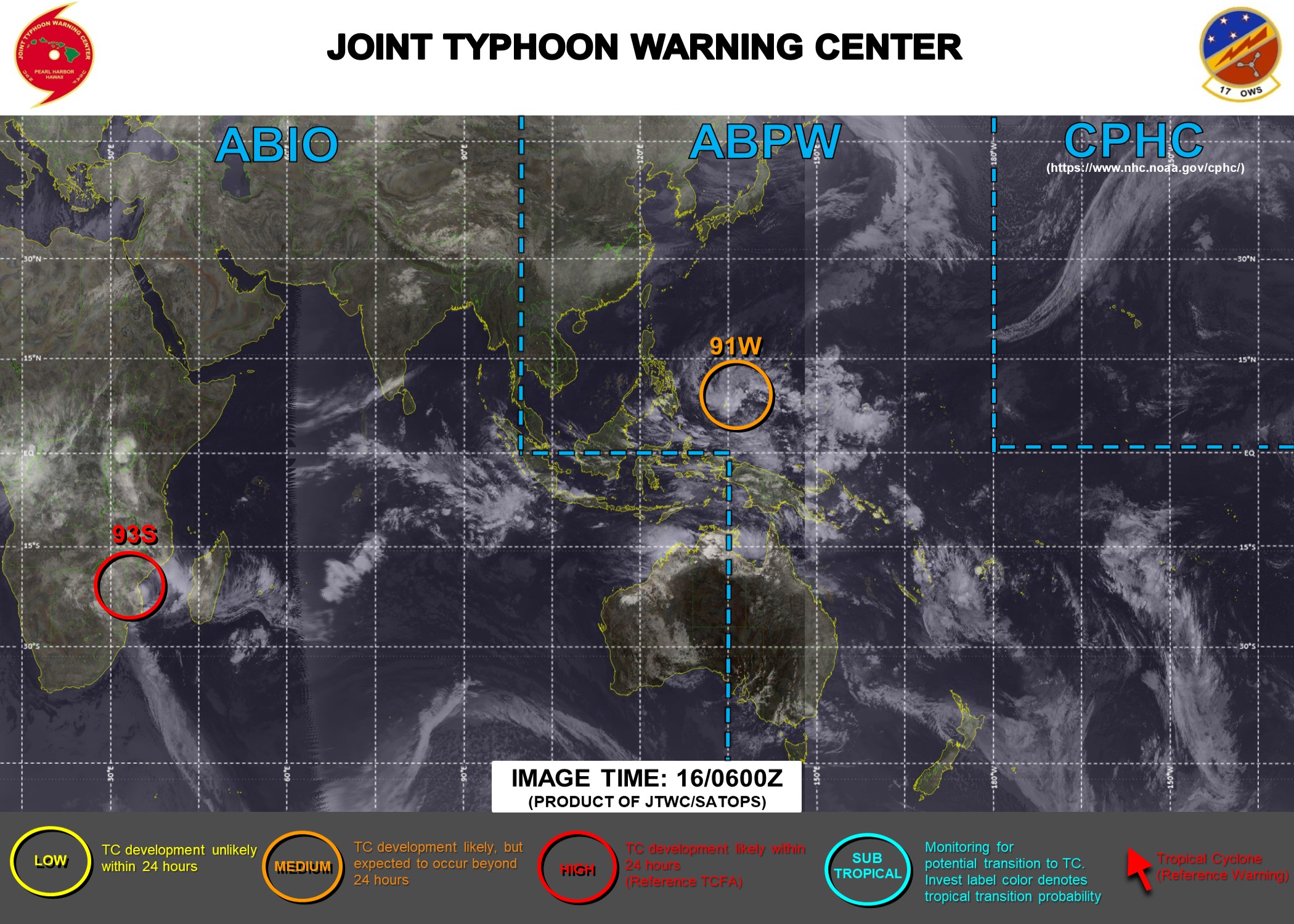 JTWC HAS UP-GRADED INVEST 93S TO HIGH. INVEST 91W IS STILL MEDIUM. 3HOURLY SATELLITE BULLETINS ARE ISSUED FOR INVEST 93S. THEY WERE DISCONTINUED FOR THE REMNANTS OF 19S(FARAJI) AT 15/2045UTC.3 HOURLY SATELLITE BULLETINS ARE NOW ISSUED FOR INVEST 91W FROM 16/1150UTC. JTWC HAS UP-GRADED INVEST 93S TO HIGH. INVEST 91W IS STILL MEDIUM. 3HOURLY SATELLITE BULLETINS ARE ISSUED FOR INVEST 93S. THEY WERE DISCONTINUED FOR THE REMNANTS OF 19S(FARAJI) AT 15/2045UTC.3 HOURLY SATELLITE BULLETINS ARE NOW ISSUED FOR INVEST 91W FROM 16/1150UTC.