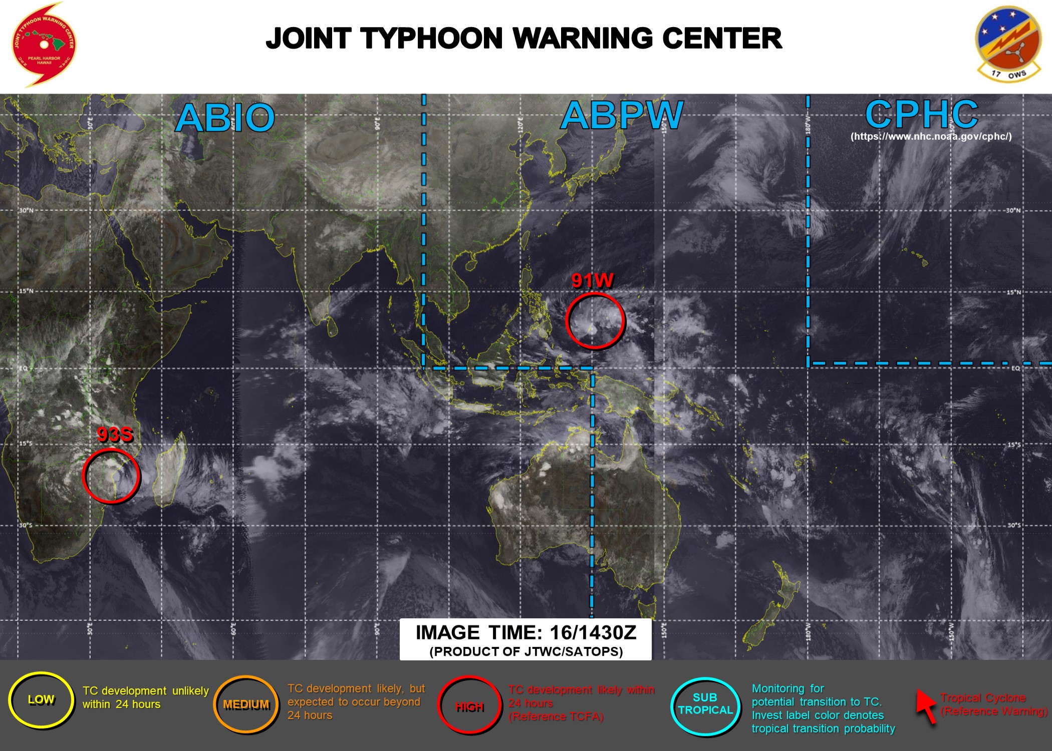 19/15UTC. INVEST 91W IS UP-GRADED TO HIGH. INVEST 93S REMAINS HIGH. 3HOURLY SATELLITE BULLETINS ARE ISSUED FOR BOTH SYSTEMS.