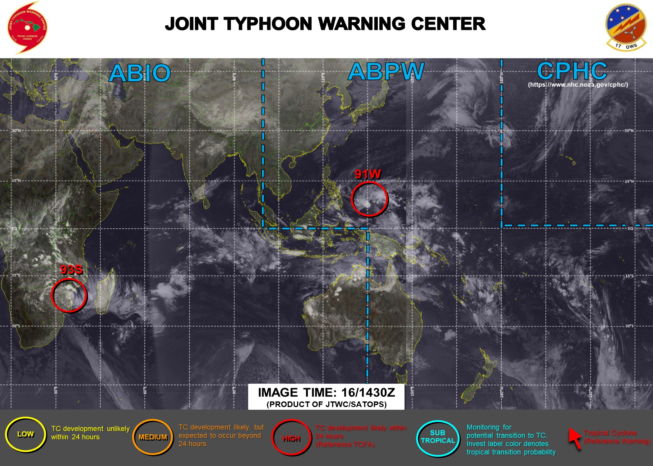 19/15UTC. INVEST 91W IS UP-GRADED TO HIGH. INVEST 93S REMAINS HIGH. 3HOURLY SATELLITE BULLETINS ARE ISSUED FOR BOTH SYSTEMS. 19/15UTC. INVEST 91W IS UP-GRADED TO HIGH. INVEST 93S REMAINS HIGH. 3HOURLY SATELLITE BULLETINS ARE ISSUED FOR BOTH SYSTEMS.