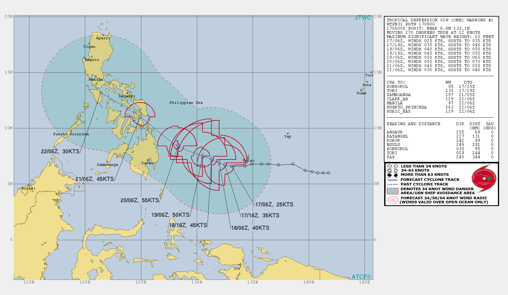 01W. WARNING 1. ANALYSIS INDICATES A FAVORABLE ENVIRONMENT WITH LOW (10- 15KT) EASTERLY RELATIVE VERTICAL WIND SHEAR, ROBUST WESTWARD AND  POLEWARD UPPER LEVEL OUTFLOW THAT IS PROVIDING AMPLE VENTILATION TO  THE CONVECTION, AND WARM (29-30C) ALONG-TRACK SST IN THE PHILIPPINE  SEA. THE CYCLONE IS TRACKING ALONG THE SOUTHWEST PERIPHERY OF A DEEP- LAYERED SUBTROPICAL RIDGE (STR) TO THE NORTHEAST. TD 01W WILL TRACK MORE NORTHWESTWARD FOR THE DURATION OF  THE FORECAST UNDER THE STEERING INFLUENCE OF THE STR TO THE  NORTHEAST. THE FAVORABLE ENVIRONMENT WILL PROMOTE STEADY  INTENSIFICATION TO A PEAK OF 55KNOTS BY 72H AS THE SYSTEM  APPROACHES CENTRAL PHILIPPINES. BEYOND 72H, TD 01W WILL MAKE LANDFALL OVER LEYTE BY 96H  AND TRACK ACROSS THE PHILIPPINE ARCHIPELAGO, AND BY 120H, WILL BE  OVER THE ISLAND OF MINDORO, APPROXIMATELY 165KM SOUTH OF MANILA.  INTERACTION WITH THE ISLANDS WILL ERODE THE SYSTEM DOWN TO 30KNOTS BY  120H.