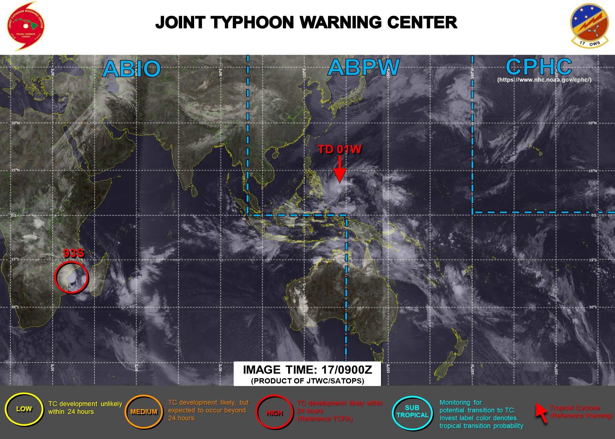 17/09UTC. INVEST 91W IS NOW TD 01W. JTWC IS ISSUING 6 HOURLY WARNINGS ON 01W. INVEST 93S IS STILL HIGH.3 HOURLY SATELLITE BULLETINS ARE ISSUED FOR 01W AND INVEST 93S.