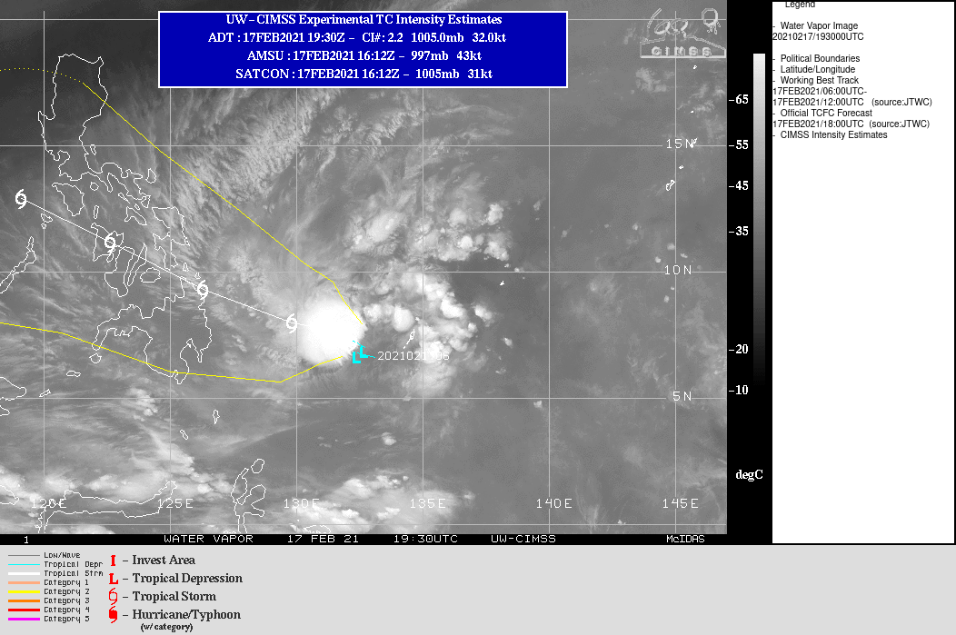 01W. WARNING 3 ISSUED AT 17/21UTC. UPPER- LEVEL ANALYSIS INDICATES A MARGINALLY-FAVORABLE ENVIRONMENT WITH  MODERATE (20 KNOTS) EASTERLY VERTICAL WIND SHEAR (VWS) OFFSET BY  DIFFLUENT EASTERLY FLOW AND ROBUST POLEWARD OUTFLOW. SST VALUES  REMAIN CONDUCIVE AT 29-30C. TD 01W IS TRACKING ALONG THE SOUTHWEST  PERIPHERY OF A DEEP-LAYERED SUBTROPICAL RIDGE (STR) POSITIONED TO  THE NORTHEAST.TD 01W IS LOCATED WITHIN A WEAK STEERING ENVIRONMENT SOUTH OF  A BREAK IN THE SUBTROPICAL RIDGE (STR) ASSOCIATED WITH A MAJOR  SHORTWAVE TROUGH CURRENTLY OVER AND SOUTH OF JAPAN. IN GENERAL, THE SYSTEM WILL TRACK SLOWLY WESTWARD TO WEST-NORTHWESTWARD THROUGH   48H UNTIL THE MAJOR TROUGH SHIFTS EASTWARD AND ZONAL FLOW  PREDOMINATES. THIS WILL ALLOW THE STR TO RE-BUILD NORTHEAST AND  NORTH OF THE SYSTEM, WHICH WILL ALLOW THE SYSTEM TO ACCELERATE WEST- NORTHWESTWARD WITH LANDFALL OCCURRING NEAR 72H. TD 01W WILL INTENSIFY STEADILY TO A PEAK INTENSITY OF 60  KNOTS BY 48H UNDER GENERALLY FAVORABLE CONDITIONS, ESPECIALLY  STRONG POLEWARD OUTFLOW. HOWEVER, THERE IS SOME UNCERTAINTY IN THE  PEAK INTENSITY DUE TO THE PERSISTENT MODERATE WIND SHEAR.     AFTER 72H, TD 01W WILL TRACK ACROSS THE PHILIPPINE  ARCHIPELAGO, AND BY 120H, WILL REACH THE SOUTH CHINA SEA OFF THE  ISLAND OF MINDORO. INTERACTION WITH THE ISLANDS AND INCREASED WIND SHEAR WILL WEAKEN THE SYSTEM DOWN TO 35 KNOTS BY 120H.