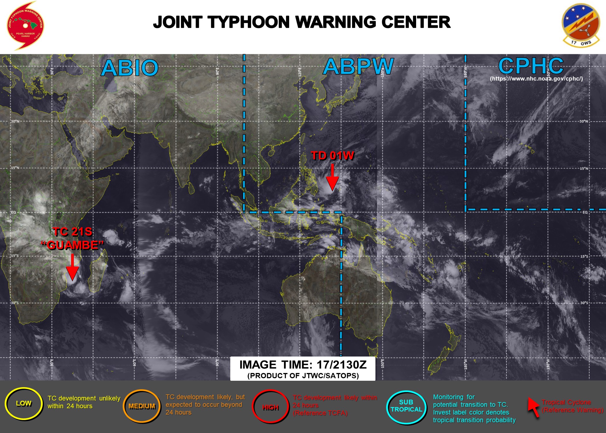 17/2130UTC. JTWC IS ISSUING 6HOURLY WARNINGS ON 01W AND 12HOURLY WARNINGS ON 21S. 3 HOURLY SATELLITE BULLETINS ARE ISSUED FOR BOTH SYSTEMS. 17/2130UTC. JTWC IS ISSUING 6HOURLY WARNINGS ON 01W AND 12HOURLY WARNINGS ON 21S. 3 HOURLY SATELLITE BULLETINS ARE ISSUED FOR BOTH SYSTEMS.