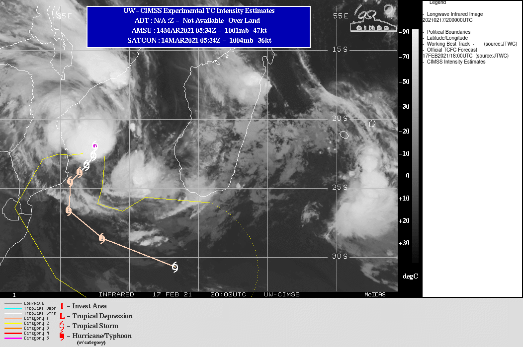 21S( GUAMBE). WARNING 1 ISSUED AT 17/21UTC. UPPER-LEVEL ANALYSIS INDICATES MARGINALLY-FAVORABLE CONDITIONS WITH LOW TO  MODERATE VERTICAL WIND SHEAR OFFSET BY NEAR RADIAL OUTFLOW AND WARM  (29-30C) SST VALUES.THERE IS SOME UNCERTAINTY IN THE INITIAL POSITION DUE TO THE PRESENCE OF DEEP  CONVECTION OVER THE LOW LEVEL CENTER AND THE LACK OF HIGH-RESOLUTION MICROWAVE  IMAGERY AT THIS TIME. TC 21S IS FORECAST TO TRACK SOUTHWARD TO SOUTH- SOUTHWESTWARD THROUGH 72H ALONG THE WESTERN PERIPHERY OF A NORTH- SOUTH ORIENTED SUBTROPICAL RIDGE (STR) POSITIONED TO THE EAST. AFTER  72H, THE SYSTEM WILL RECURVE SOUTHEASTWARD TO EAST-SOUTHEASTWARD  AS IT ROUNDS THE STR AND BEGINS TO INTERACT WITH THE MIDLATITUDE  WESTERLIES. EXTRA-TROPICAL TRANSITION WILL COMMENCE NEAR 96H AND  CONTINUE AT 120H AS THE SYSTEM TRACKS WITHIN THE WESTERLY FLOW  ALONG THE NORTHERN EDGE OF THE BAROCLINIC ZONE.TC 21S IS EXPECTED TO GRADUALLY INTENSIFY  THROUGH 48H WITH A PEAK INTENSITY OF 80 KNOTS/CATEGORY 1 AT 48H. STEADY  WEAKENING WILL OCCUR AFTER 72H AS VERTICAL SHEAR INCREASES AND SST VALUES  COOL TO 26-27C.