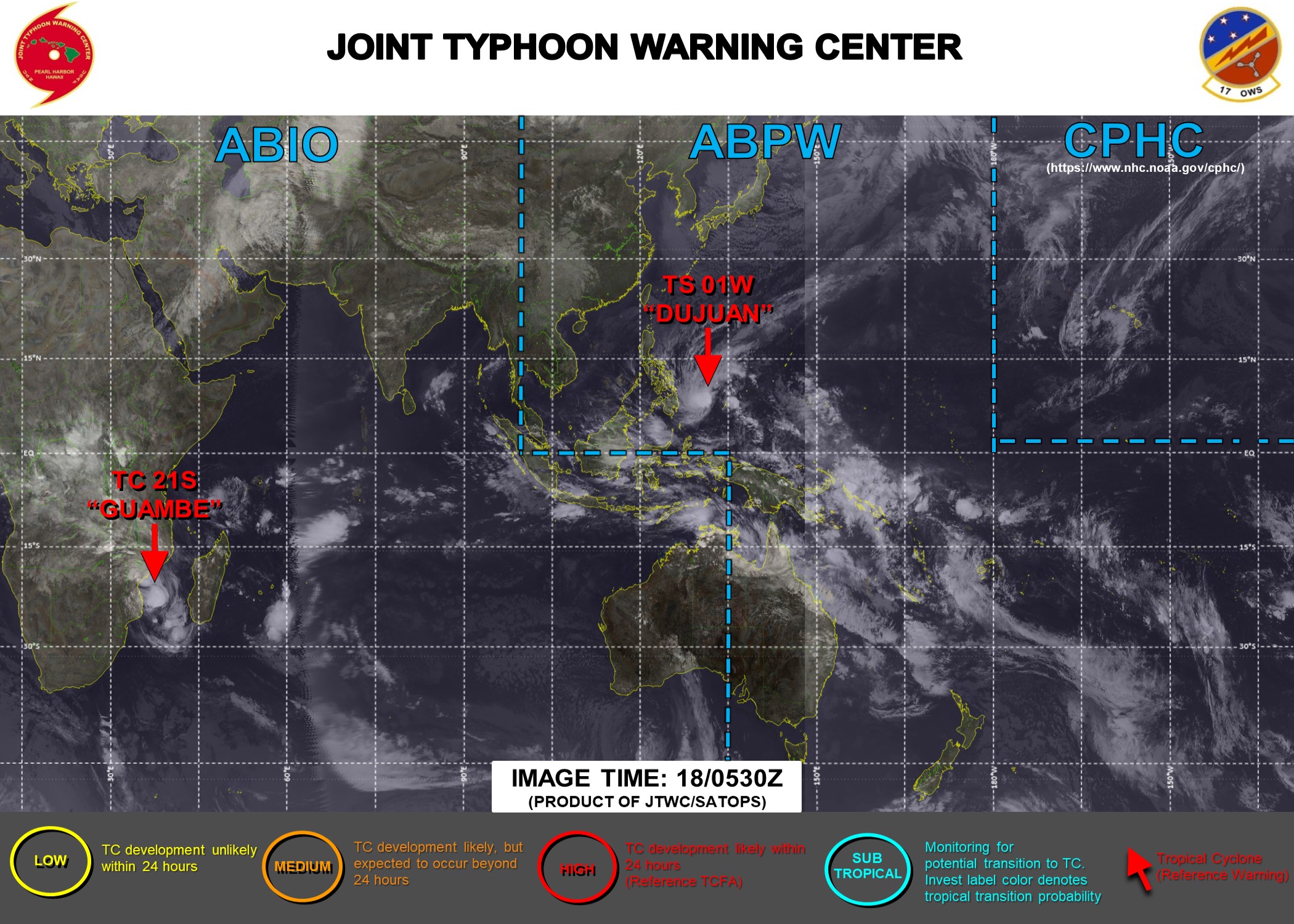18/06UTC. JTWC IS ISSUING 6HOURLY WARNINGS ON 01W AND 12HOURLY WARNINGS ON 21S. 3 HOURLY SATELLITE BULLETINS ARE ISSUED FOR BOTH SYSTEMS.