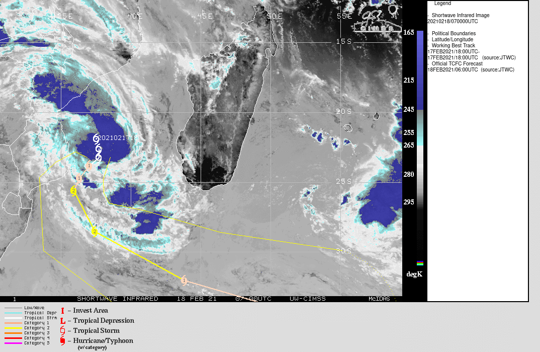 21S(GUAMBE). WARNING 2 ISSUED AT 18/09UTC.  ENVIRONMENTAL ANALYSIS INDICATES FAVORABLE CONDITIONS WITH A  DEVELOPING POINT SOURCE DIRECTLY OVER THE LLOW LEVEL CENTER PROVIDING LOW (5-10  KTS) WIND SHEAR, MODERATE TO STRONG, NEARLY RADIAL OUTFLOW AND WARM (29- 30C) SSTS. TC 21S IS CURRENTLY ENSCONCED BETWEEN A BUILDING  SUBTROPICAL RIDGE (STR) CENTER OVER NORTHERN MADACASGAR AND A  SECONDARY STR CENTER OVER NORTHERN SOUTH AFRICA, RESULTING IN SLOW  MOVEMENT SOUTHWARD. OVER THE NEXT 12-24 HOURS, THE EASTERN STR IS  EXPECTED TO BUILD SUFFICIENTLY TO BECOME THE DOMINATE STEERING  MECHANISM AND TURN TC 21S TO A WEST-SOUTHWESTWARD TRACK. AS THE STR  MOVES SOUTH-SOUTHEASTWARD THROUGH 48H, TC 21S WILL ACCELERATE  SOUTH THEN SOUTHEASTWARD AS IT ROUNDS THE RIDGE AXIS. AFTER 72H  THE SYSTEM RAPIDLY ACCELERATES SOUTHEASTWARD ALONG THE BAROCLINIC  ZONE AS IT BEGINS TO INTERACT WITH STRONG MID-LATITUDE WESTERLY FLOW  ALOFT. TC 21S IS EXPECTED TO STEADILY INTENSIFY UNDER FAVORABLE  CONDITIONS TO A PEAK OF 85 KNOTS/CATEGORY 2 BY 48H, THEN MAINTAIN INTENSITY  THROUGH 72H. THEREAFTER, INCREASING WIND SHEAR WILL OFFSET THE STRONG  POLEWARD OUTFLOW, LEADING TO SLOW WEAKENING. TC 21S WILL BEGIN  EXTRATROPICAL TRANSITION BY 96H, AND BECOME A STORM-FORCE  EXTRATROPICAL SYSTEM BY 120H.