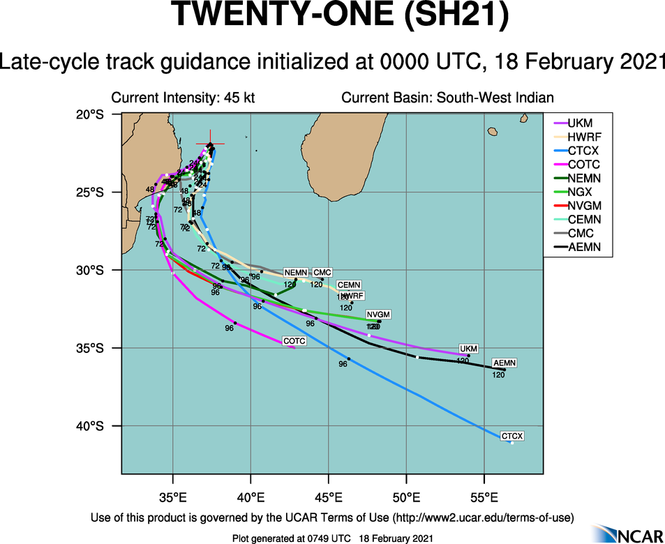 ALL MEMBERS OF THE CONSENSUS CONCUR  ON THE OVERALL FORECAST TRACK SCENARIO BUT DISPLAY SIGNIFICANT CROSS TRACK  UNCERTAINTY THOUGH 48H, WITH NAVGEM AND THE COAMPS-TC TAKING THE  SYSTEM MUCH CLOSER TO THE COAST OF MOZAMBIQUE, AND THE GFS AND ECMWF  KEEPING THE SYSTEM WELL OFFSHORE IN THE MOZAMBIQUE CHANNEL. AFTER  72H, THE PACE AND STRENGTH OF THE INTERACTION WITH THE WESTERLIES  RESULT IN EXTREMELY LARGE ALONG-TRACK UNCERTAINTY, WITH THE GFS,  UKMET AND ECMWF WELL OUT AHEAD (1480KM) OF THE REMAINING MEMBERS OF  THE CONSENSUS. THE JTWC FORECAST TRACKS CLOSE TO THE ECMWF THROUGH  48H, BUT CLOSER TO THE NAVGEM THROUGH 120H. OVERALL THE JTWC  FORECAST IS MUCH FASTER AFTER 72H THAN THE PREVIOUS FORECAST. DUE  TO THE VERY HIGH UNCERTAINTY IN THE LATER PORTIONS OF THE FORECAST,  THERE IS OVERALL LOW CONFIDENCE IN THE JTWC FORECAST TRACK. ALL MEMBERS OF THE CONSENSUS CONCUR  ON THE OVERALL FORECAST TRACK SCENARIO BUT DISPLAY SIGNIFICANT CROSS TRACK  UNCERTAINTY THOUGH 48H, WITH NAVGEM AND THE COAMPS-TC TAKING THE  SYSTEM MUCH CLOSER TO THE COAST OF MOZAMBIQUE, AND THE GFS AND ECMWF  KEEPING THE SYSTEM WELL OFFSHORE IN THE MOZAMBIQUE CHANNEL. AFTER  72H, THE PACE AND STRENGTH OF THE INTERACTION WITH THE WESTERLIES  RESULT IN EXTREMELY LARGE ALONG-TRACK UNCERTAINTY, WITH THE GFS,  UKMET AND ECMWF WELL OUT AHEAD (1480KM) OF THE REMAINING MEMBERS OF  THE CONSENSUS. THE JTWC FORECAST TRACKS CLOSE TO THE ECMWF THROUGH  48H, BUT CLOSER TO THE NAVGEM THROUGH 120H. OVERALL THE JTWC  FORECAST IS MUCH FASTER AFTER 72H THAN THE PREVIOUS FORECAST. DUE  TO THE VERY HIGH UNCERTAINTY IN THE LATER PORTIONS OF THE FORECAST,  THERE IS OVERALL LOW CONFIDENCE IN THE JTWC FORECAST TRACK.