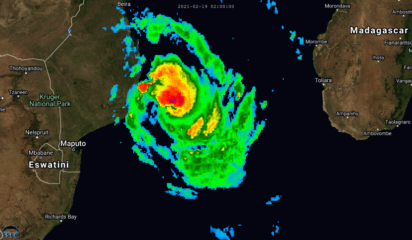 21S(GUAMBE). 19/08UTC. ANIMATED ENHANCED INFRARED (EIR) AND MULTISPECTRAL SATELLITE IMAGERY (MSI) DEPICT A RAPIDLY CONSOLIDATING  AND INTENSIFYING SYSTEM WITH A SMALL, COMPACT CORE OF DEEP  CONVECTION AND A DISORGANIZED, ELONGATED AND CLOUD FILLED EYE FEATURE. CLICK ON THE IMAGERY TO ANIMATE. 21S(GUAMBE). 19/08UTC. ANIMATED ENHANCED INFRARED (EIR) AND MULTISPECTRAL SATELLITE IMAGERY (MSI) DEPICT A RAPIDLY CONSOLIDATING  AND INTENSIFYING SYSTEM WITH A SMALL, COMPACT CORE OF DEEP  CONVECTION AND A DISORGANIZED, ELONGATED AND CLOUD FILLED EYE FEATURE. CLICK ON THE IMAGERY TO ANIMATE.
