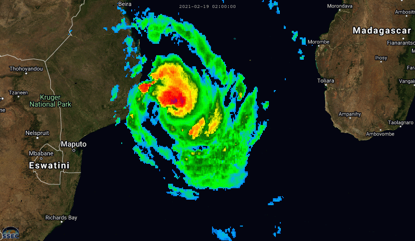 21S(GUAMBE). 19/08UTC. ANIMATED ENHANCED INFRARED (EIR) AND MULTISPECTRAL SATELLITE IMAGERY (MSI) DEPICT A RAPIDLY CONSOLIDATING  AND INTENSIFYING SYSTEM WITH A SMALL, COMPACT CORE OF DEEP  CONVECTION AND A DISORGANIZED, ELONGATED AND CLOUD FILLED EYE FEATURE. CLICK ON THE IMAGERY TO ANIMATE.