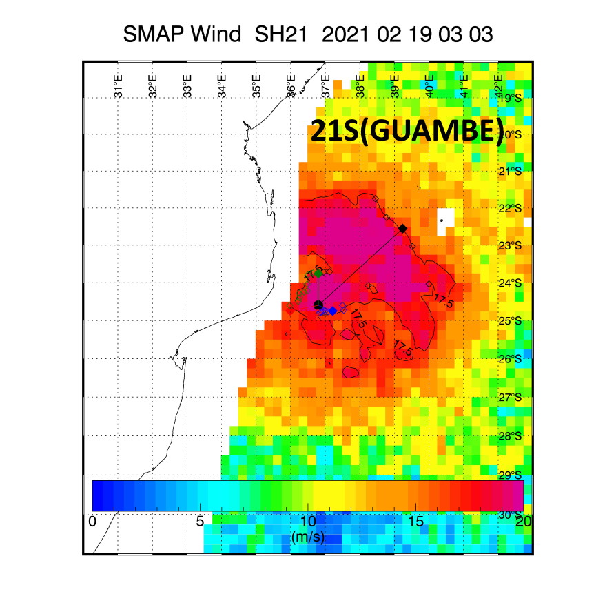 21S(GUAMBE). 19/0333UTC. SMAP READ 48KNOT WINDS( 10 MINUTES). 21S(GUAMBE). 19/0333UTC. SMAP READ 48KNOT WINDS( 10 MINUTES).
