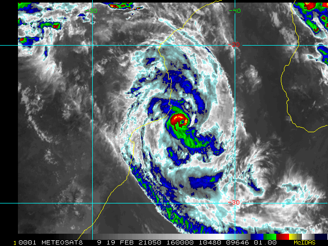 21S(GUAMBE). 19/16UTC. THE CYCLONE HAS REACHED US/CATEGORY 2 AT 12UTC. THE IMAGERY DEPICTS A TIGHT CORE BECOMING RECENTLY BETTER ORGANIZED WITH AN EYE FEATURE SURROUNDED WITH COOLING CLOUD-TOPS. 21S(GUAMBE). 19/16UTC. THE CYCLONE HAS REACHED US/CATEGORY 2 AT 12UTC. THE IMAGERY DEPICTS A TIGHT CORE BECOMING RECENTLY BETTER ORGANIZED WITH AN EYE FEATURE SURROUNDED WITH COOLING CLOUD-TOPS.