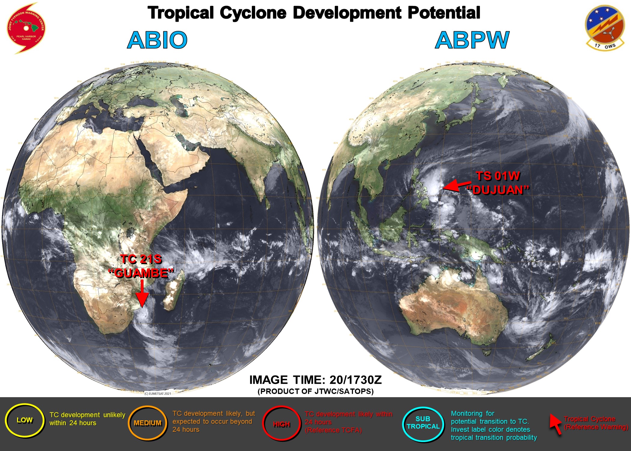 21/00UTC. JTWC IS ISSUING 6HOURLY WARNINGS ON 01W(DUJUAN) AND 12HOURLY WARNINGS ON 21S(GUAMBE). 3 HOURLY SATELLITE BULLETINS ARE ISSUED FOR BOTH SYSTEMS. 21/00UTC. JTWC IS ISSUING 6HOURLY WARNINGS ON 01W(DUJUAN) AND 12HOURLY WARNINGS ON 21S(GUAMBE). 3 HOURLY SATELLITE BULLETINS ARE ISSUED FOR BOTH SYSTEMS.