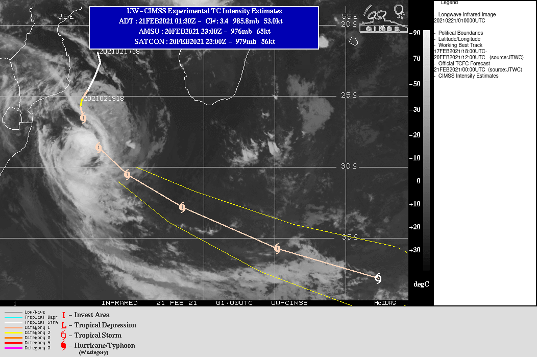 21S(GUMABE). WARNING 8 ISSUED AT 21/03UTC.ANALYSIS INDICATES A FAVORABLE ENVIRONMENT  WITH LOW (10-15KT) VERTICAL WIND SHEAR, GOOD POLEWARD  OUTFLOW ALOFT, AND WARM (28-29C) SST. GUAMBE HAS ROUNDED THE RIDGE  AXIS AND IS TRACKING ALONG THE WEST-SOUTHWESTWARD PERIPHERY OF THE  DEEP-LAYERED SUBTROPICAL RIDGE (STR) TO THE EAST-NORTHEAST. TC 21S  WILL BEGIN TO DECREASE IN INTENSITY AS IT ACCELERATES AND TRACKS  SOUTHEASTWARD ON THE POLEWARD SIDE OF THE STR. INITIAL EXPOSURE  TO THE STRONG MID-LATITUDE WESTERLIES WILL SLIGHTLY IMPROVE  POLEWARD OUTFLOW AND TEMPORARILY INTENSIFY THE SYSTEM TO A PEAK OF  70 KNOTS/CAT1 BY 24H. AFTERWARD, INCREASING WIND SHEAR AND COOLING SEAS WILL  GRADUALLY ERODE THE SYSTEM DOWN TO 55KNOTS BY 48H. CONCURRENTLY, BY  36H, TC GUAMBE WILL BEGIN EXTRA-TROPICAL TRANSITION AS IT ENTERS  THE BAROCLINIC ZONE, AND BECOME A STORM-FORCE COLD-CORE LOW BY TAU  48H.