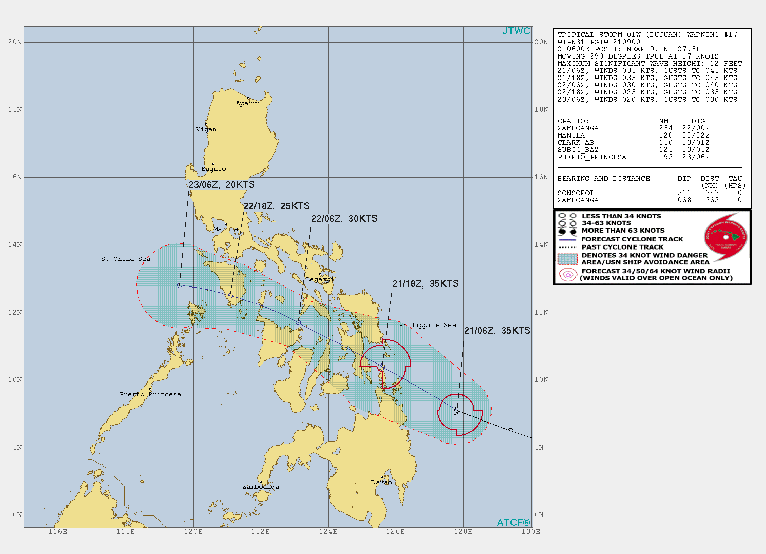 01W(DUJUAN). WARNING 17 ISSUED AT 22/09UTC.ANALYSIS INDICATES WARM (29C) ALONG-TRACK SST IN THE  PHILIPPINE SEA AND ROBUST WEST AND POLEWARD OUTFLOW ALOFT. A SLIGHT  DECREASE IN WIND SHEAR DUE TO THE STORM MOTION MOVING MORE IN-PHASE WITH THE  MID AND UPPER LEVEL WIND FLOW HAS ENHANCED THE CONVECTION AHEAD OF THE  LOW LEVEL CENTER. ADDITIONALLY, THE WARM MOIST AIR AHEAD OF 01W IS CONTINUALLY  OVERRUNNING THE COLDER NORTHEASTERLY WIND IN THE PHILIPPINE SEA  INCREASING THE INSTABILITY. THE CYCLONE IS TRACKNG UNDER THE STEERING  INFLUENCE OF THE SUBTROPICAL RIDGE TO THE NORTHEAST.   TS DUJUAN WILL CONTINUE TRACKING NORTHWESTWARD UNDER THE SUBTROPICAL RIDGE,  MAKING INITIAL LANDFALL OVER LEYTE, PHILIPPINES, AFTER 12H AND THEN  CROSS THE VISAYAN ISLANDS, CLIPPING THE SOUTHERN TIP OF MINDORO, BEFORE  EXITING INTO THE SOUTH CHINA SEA. THE SYSTEM WILL MAINTAIN ITS CURRENT  INTENSITY UP TO 12H. AFTERWARD, INCREASED RELATIVE WIND SHEAR (25KTS+)  COMBINED WITH THE RUGGED TERRAIN OF THE ISLANDS WILL ERODE 01W TO  DISSIPATION BY 48H, POSSIBLY SOONER.