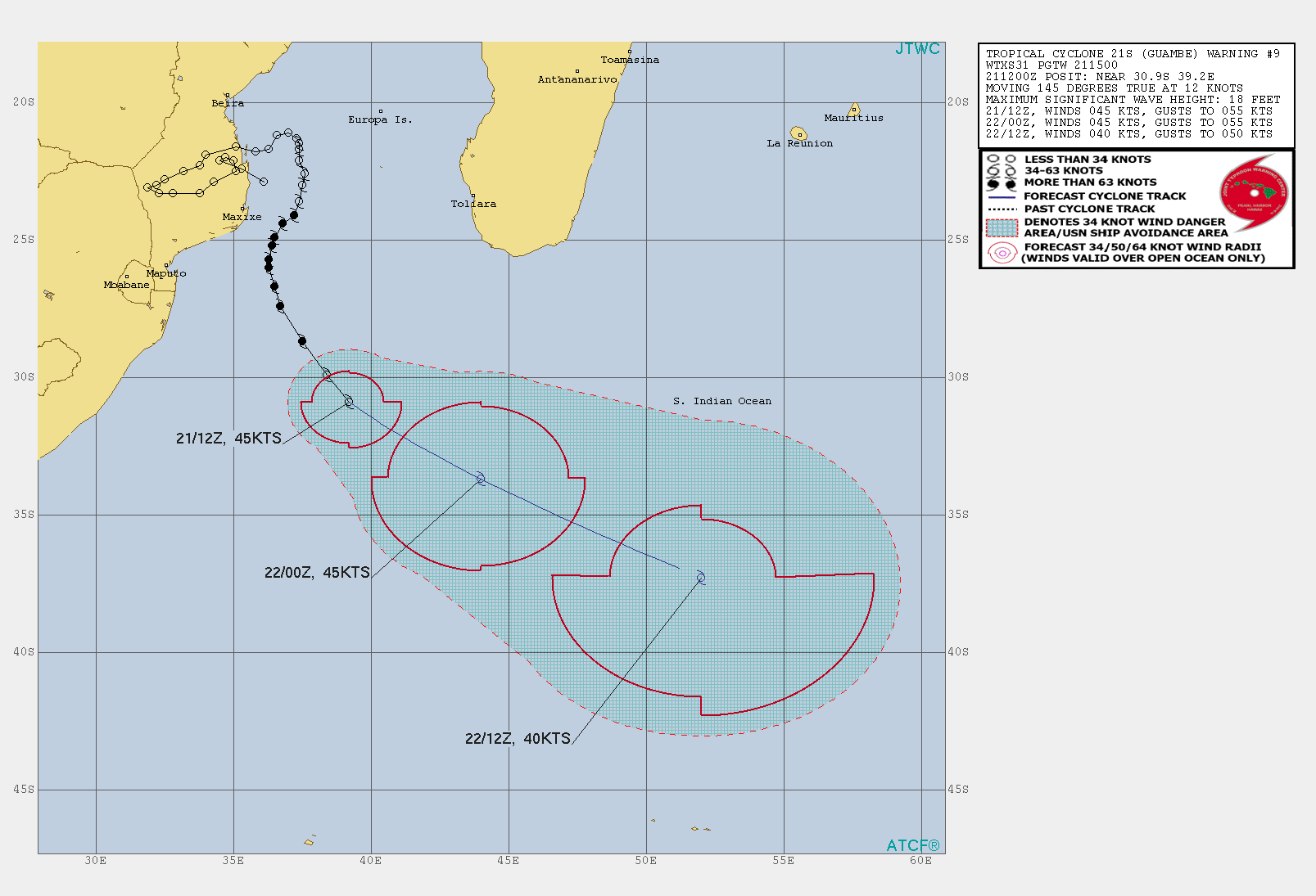 21S(GUAMBE). WARNING 9 ISSUED AT 21/15UTC. ANALYSIS INDICATES STRONG POLEWARD OUTFLOW OFFSET BY INCREASING VERTICAL WIND  SHEAR (20KTS+), AND COOLING SST (26C AND DROPPING). TC 21S WILL  CONTINUE ON ITS CURRENT TRACK FOR THE REMAINDER OF THE FORECAST. THE  MARGINAL ENVIRONMENT WILL SUSTAIN THE INTENSITY UP TO 12H,  AFTERWARD, DOWN TO 40KNOTS BY 24H. CONCURRENTLY, THE SYSTEM WILL  BEGIN EXTRA-TROPICAL TRANSITION BY 12H AND TRANSFORM INTO A STORM- FORCE COLD CORE LOW WITH AN EXPANSIVE WIND FIELD BY 24H.