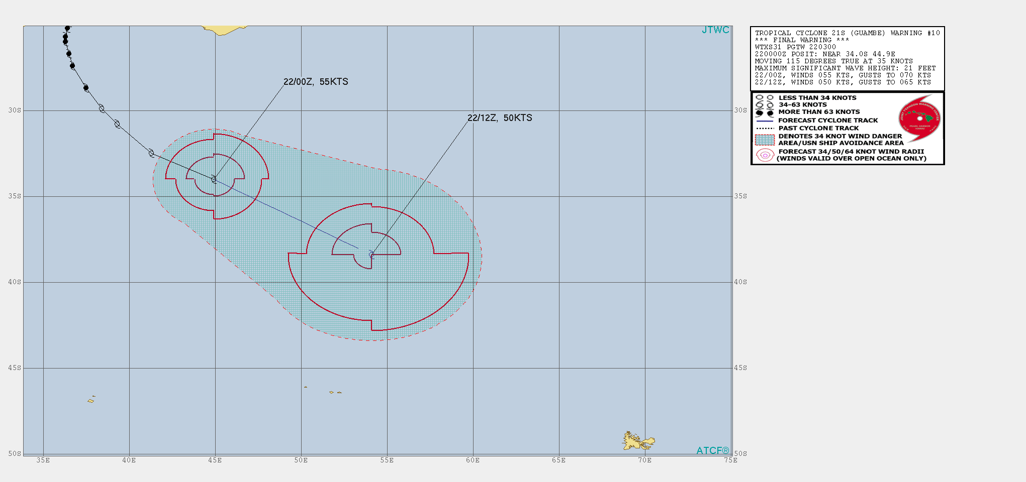 21S(GUAMBE). WARNING 10 ISSUED AT 22/03UTC.THE CURRENT POSITION IS SITUATED WITHIN A PARTIALLY-EXPOSED CENTER FEATURE EVIDENT IN 220000Z  INFRARED SATELLITE AND 220056Z SSMIS 91 GHZ IMAGERY. THE INTENSITY  IS CONSISTENT WITH TIME-LATE ASCAT DATA FROM AROUND 211800Z, WHICH  INDICATED AN INTENSITY AROUND OR SLIGHTLY HIGHER THAN 55 KNOTS. TC  21S IS RAPIDLY ACCELERATING INTO THE WESTERLY FLOW PATTERN AS IT  MERGERS WITH A MID-LATITUDE TROUGH. FOLLOWING A RAPID TRANSITION,  21S NOW FULLY EXTRATROPICAL. THE SYSTEM WILL CONTINUE TO MOVE  RAPIDLY EAST-SOUTHEASTWARD AS A STORM FORCE LOW WITH BAROCLINIC  SUPPORT DURING THE 12-HOUR FORECAST PERIOD. THIS IS THE FINAL  WARNING ON THIS SYSTEM BY THE JOINT TYPHOON WRNCEN PEARL HARBOR HI.